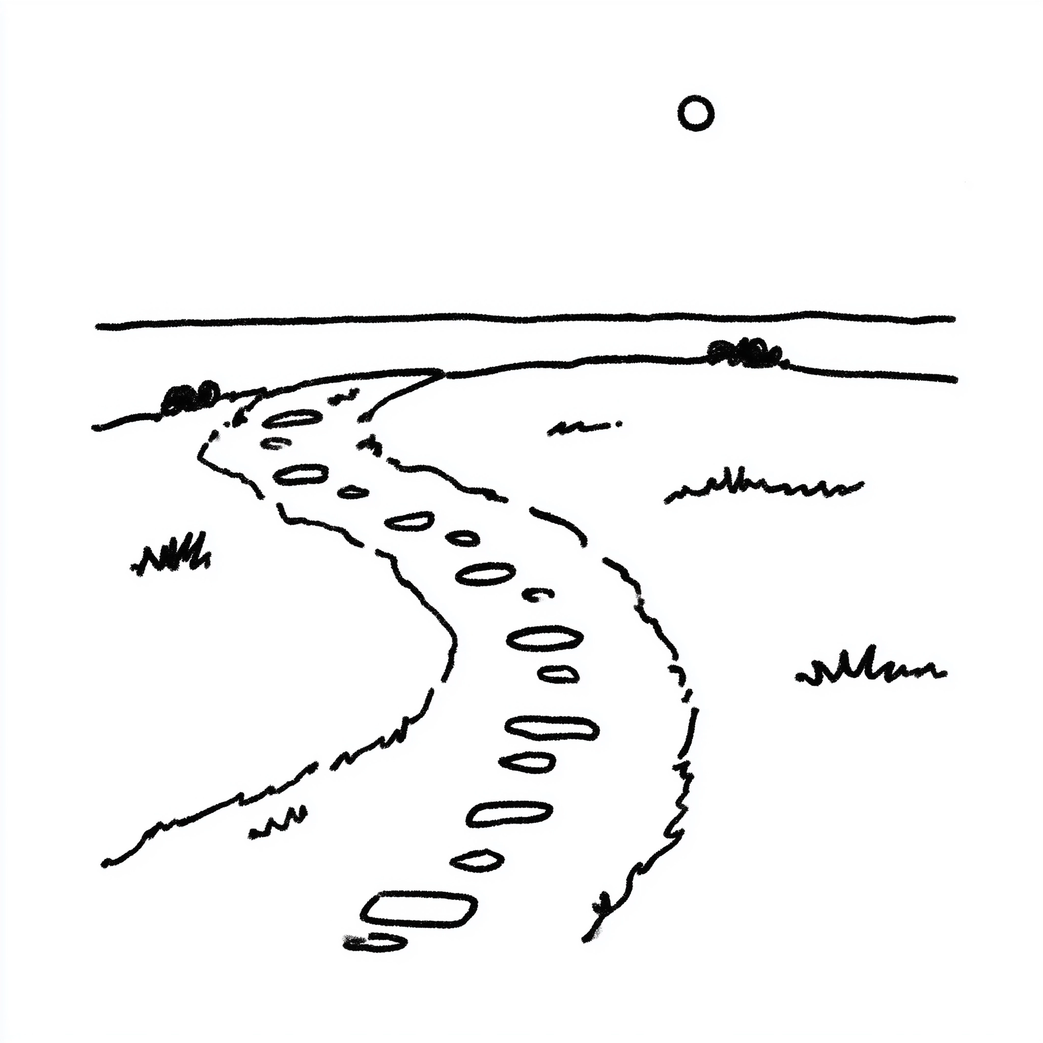 Illustration of a curved walking path with a single trail of footprints moving forward