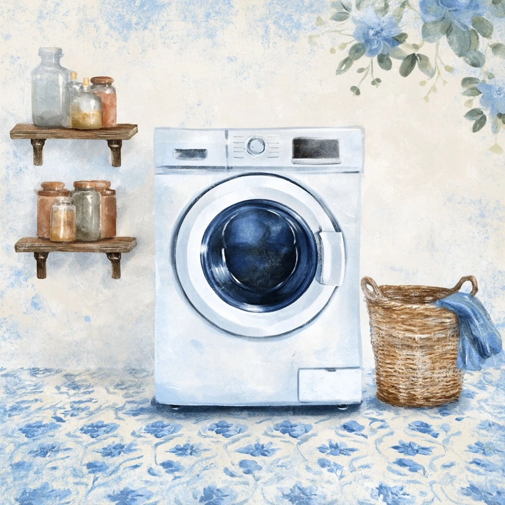 Illustration of a washing machine in the style of watercolor, vintage poster design