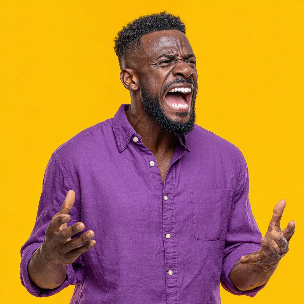 Image of a black man yelling and teaching with a purple shirt on