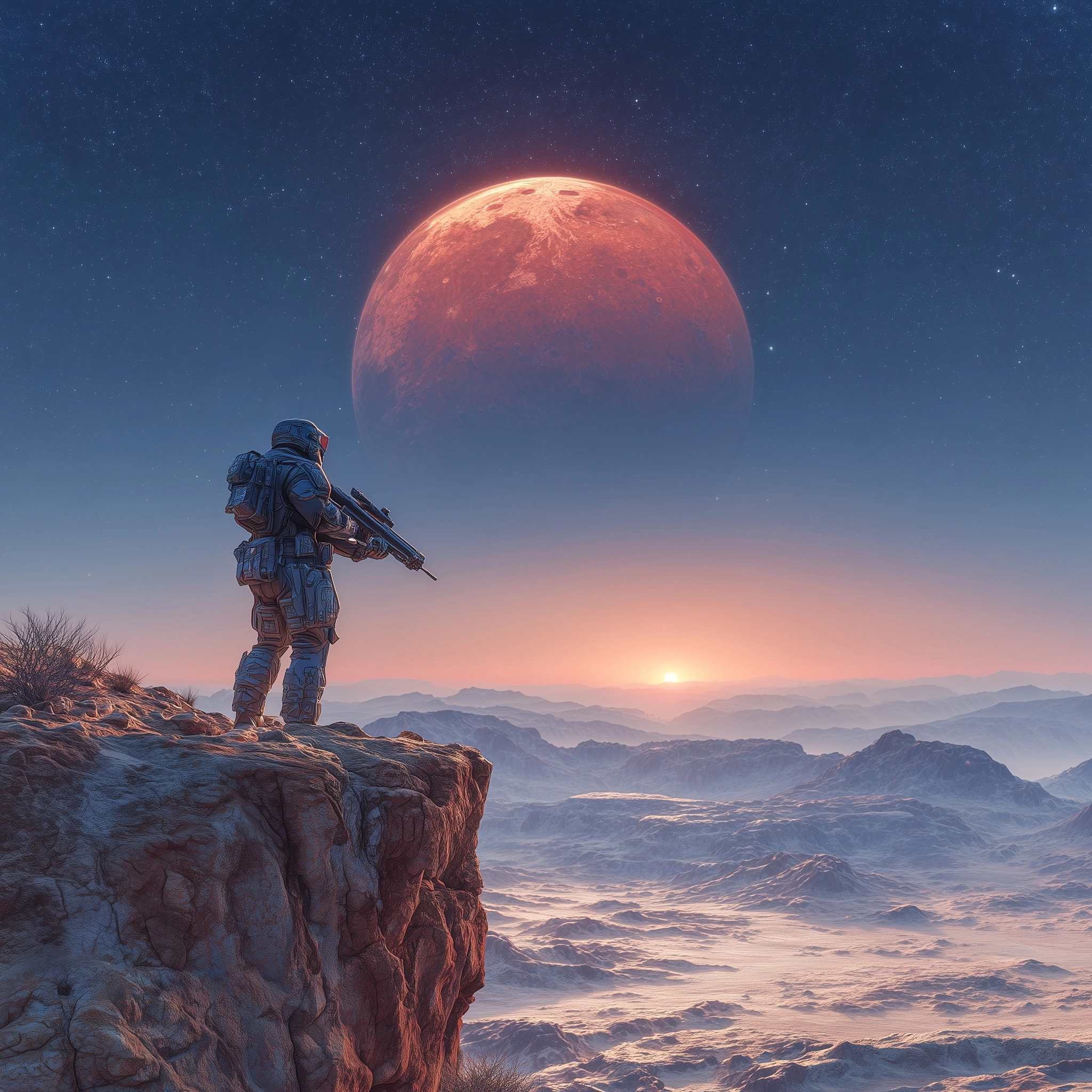 In the bottom right hand corner of canvas a cliff escarpment on which a male soldier in futuristic a