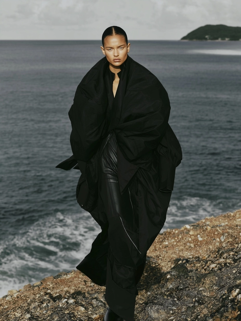Italian or Slavic supermodel in layered black and emerald avant-garde gown
