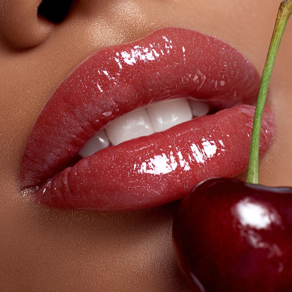 Macro beauty photography of plump overly glossy lips that are holding a shiny cherry. lips look plum