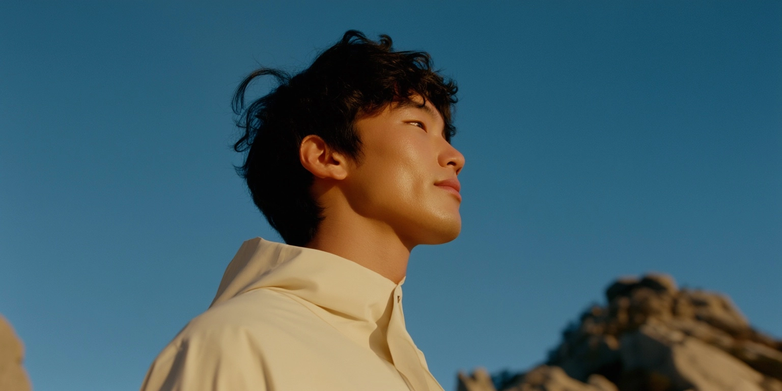 Medium close-up, face in three-quarter profile at a mountain viewpoint