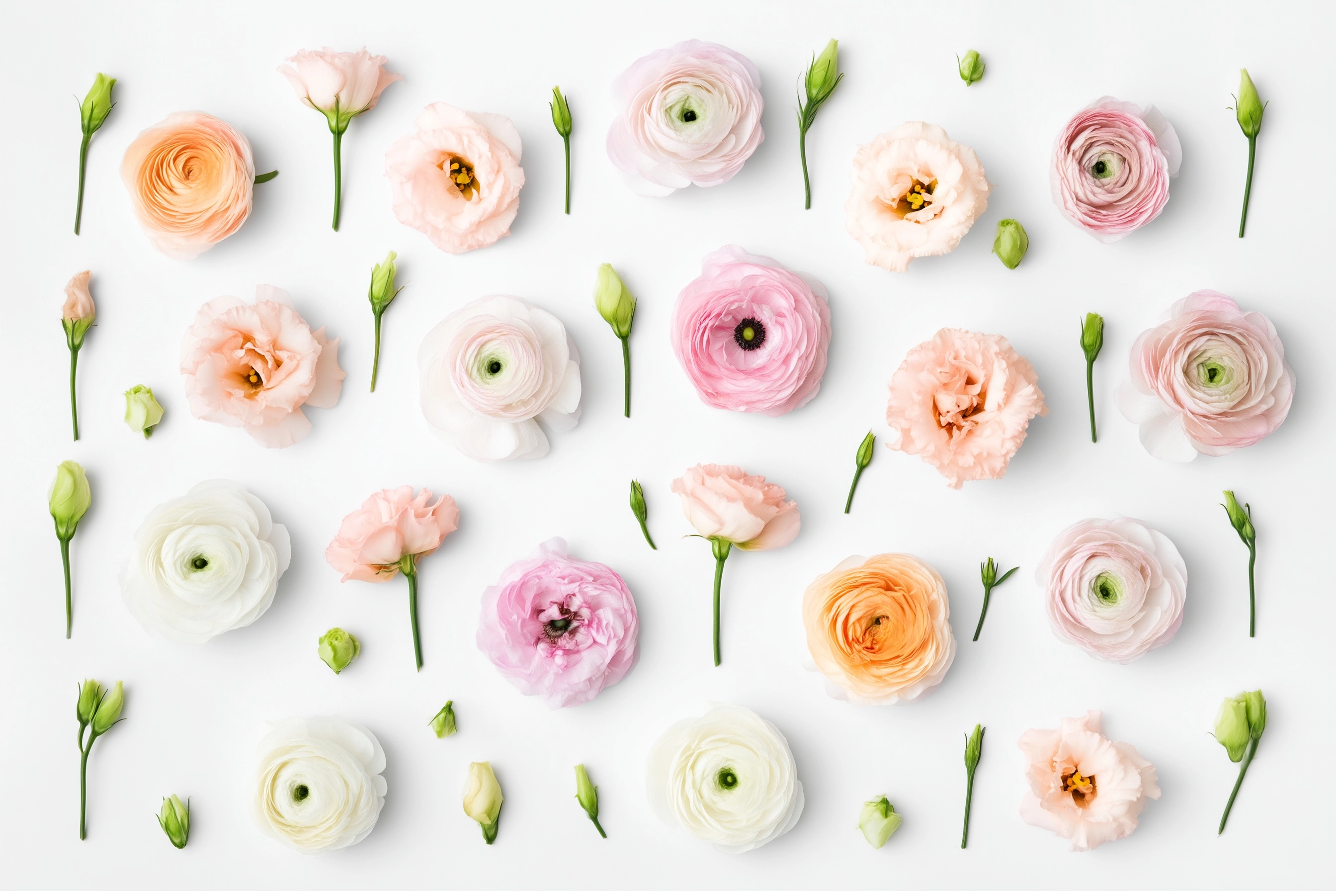 Minimal pastel floral flatlay featuring soft-toned ranunculus, lisianthus, and small buds