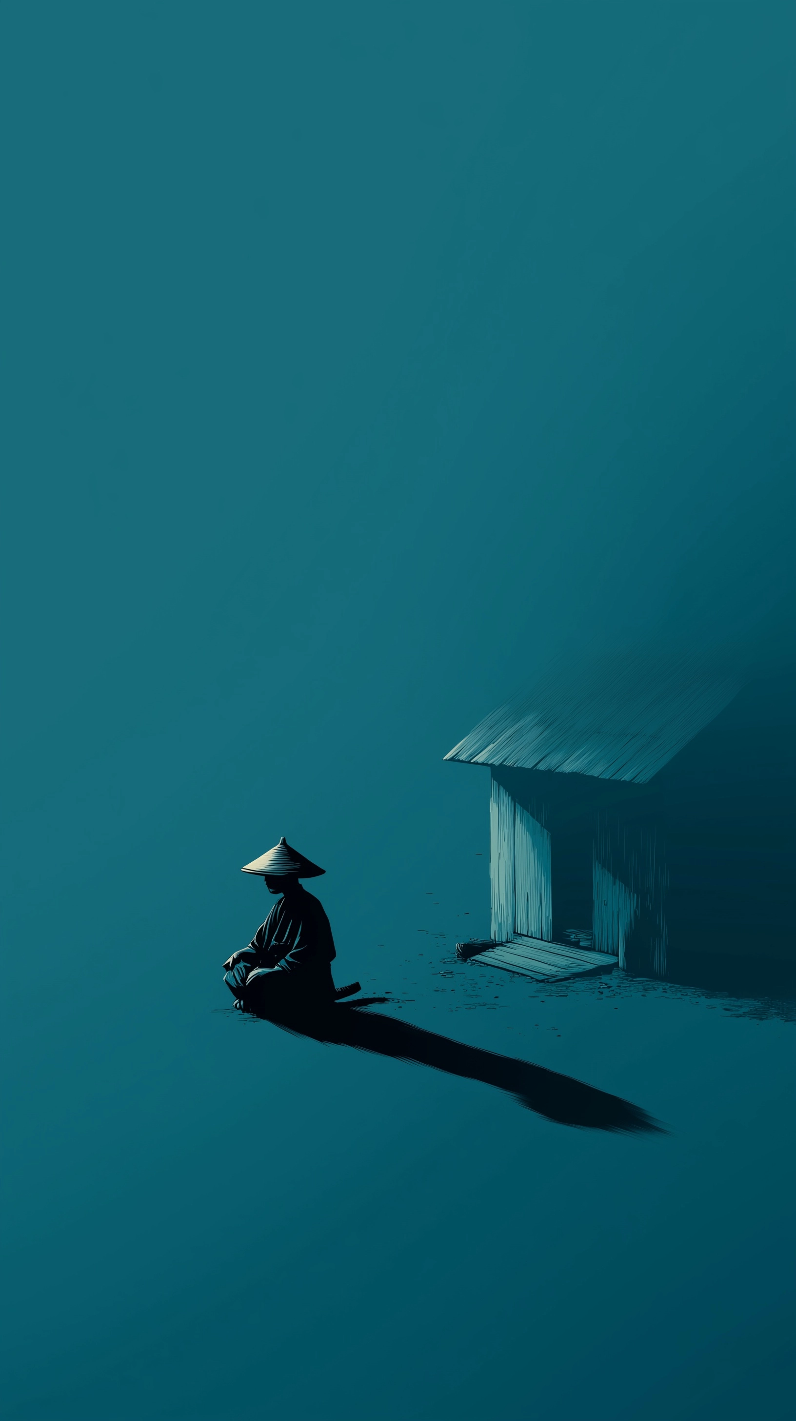 Minimalist illustration of a samurai with a straw hat sitting on the ground. next to him is his shad