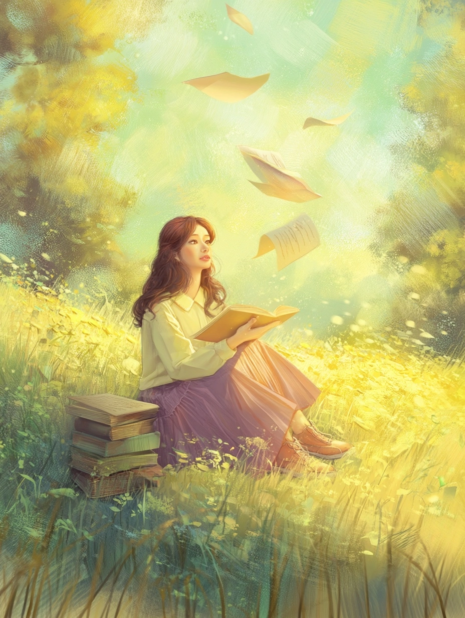 Whimsical dreamy illustration, a girl reading a book with floating pages, in a sunny garden