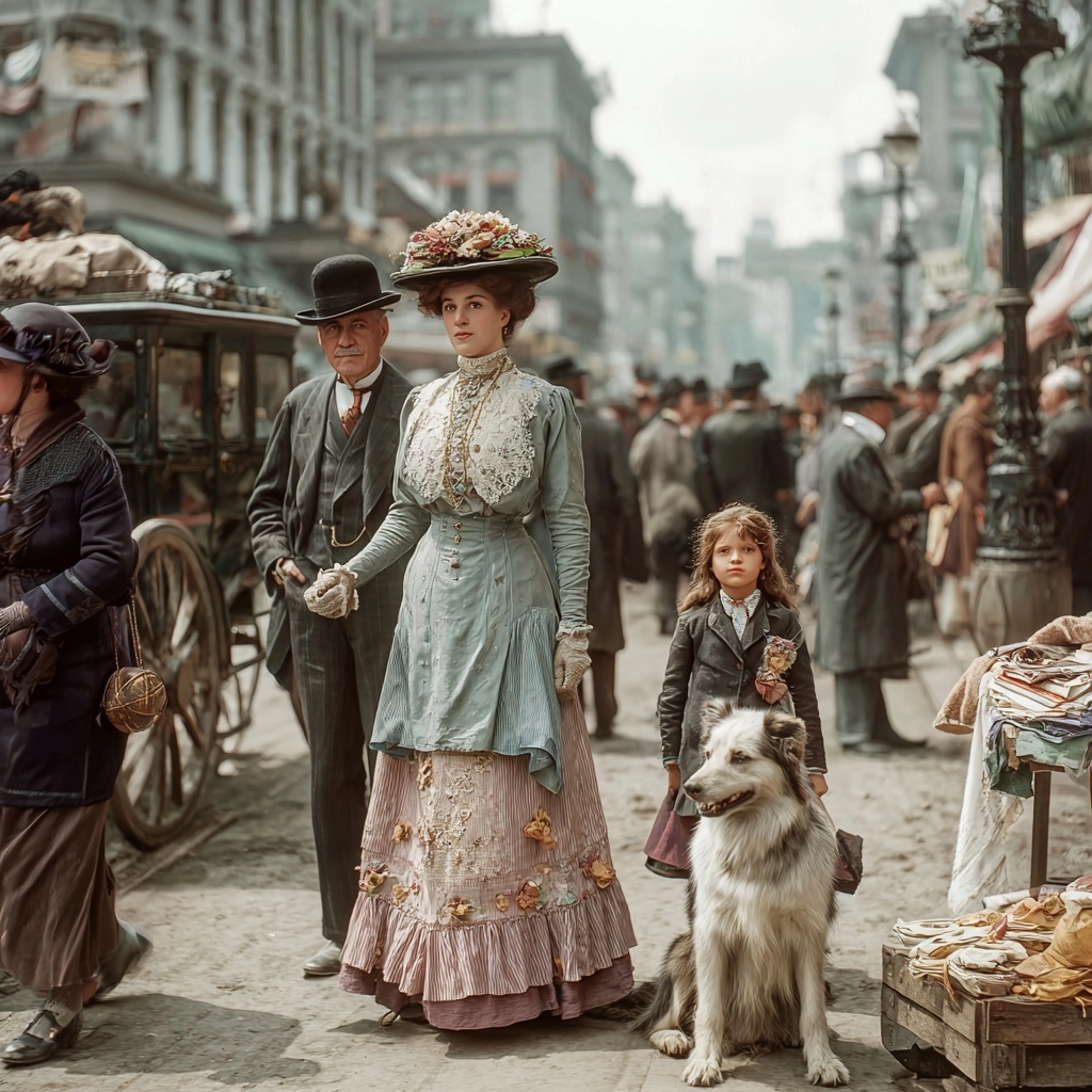 On marche dans une rue d’une grande ville Américaine en 1900 époque Titanic, il y a des voitures