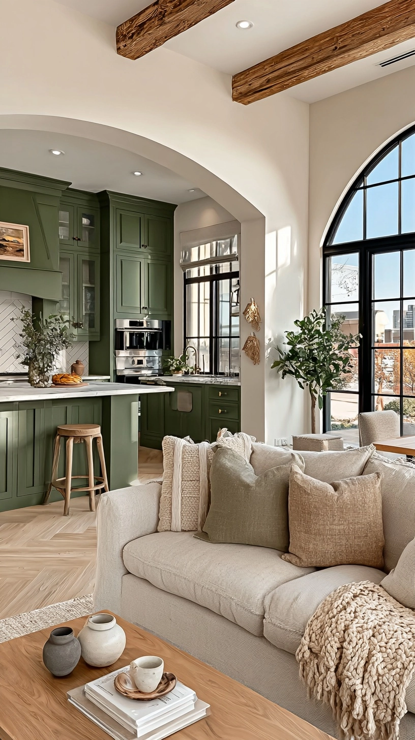 Open-concept modern farmhouse interior featuring a luxury emerald green kitchen flowing seamlessly i