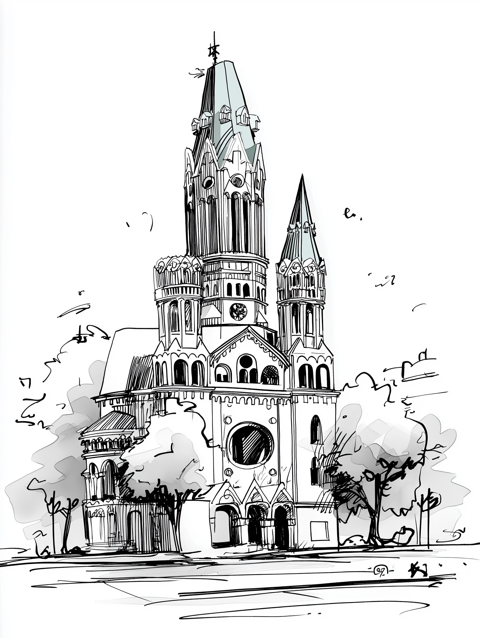Simple black and white sketch of the Kaiser Wilhelm Memorial Church