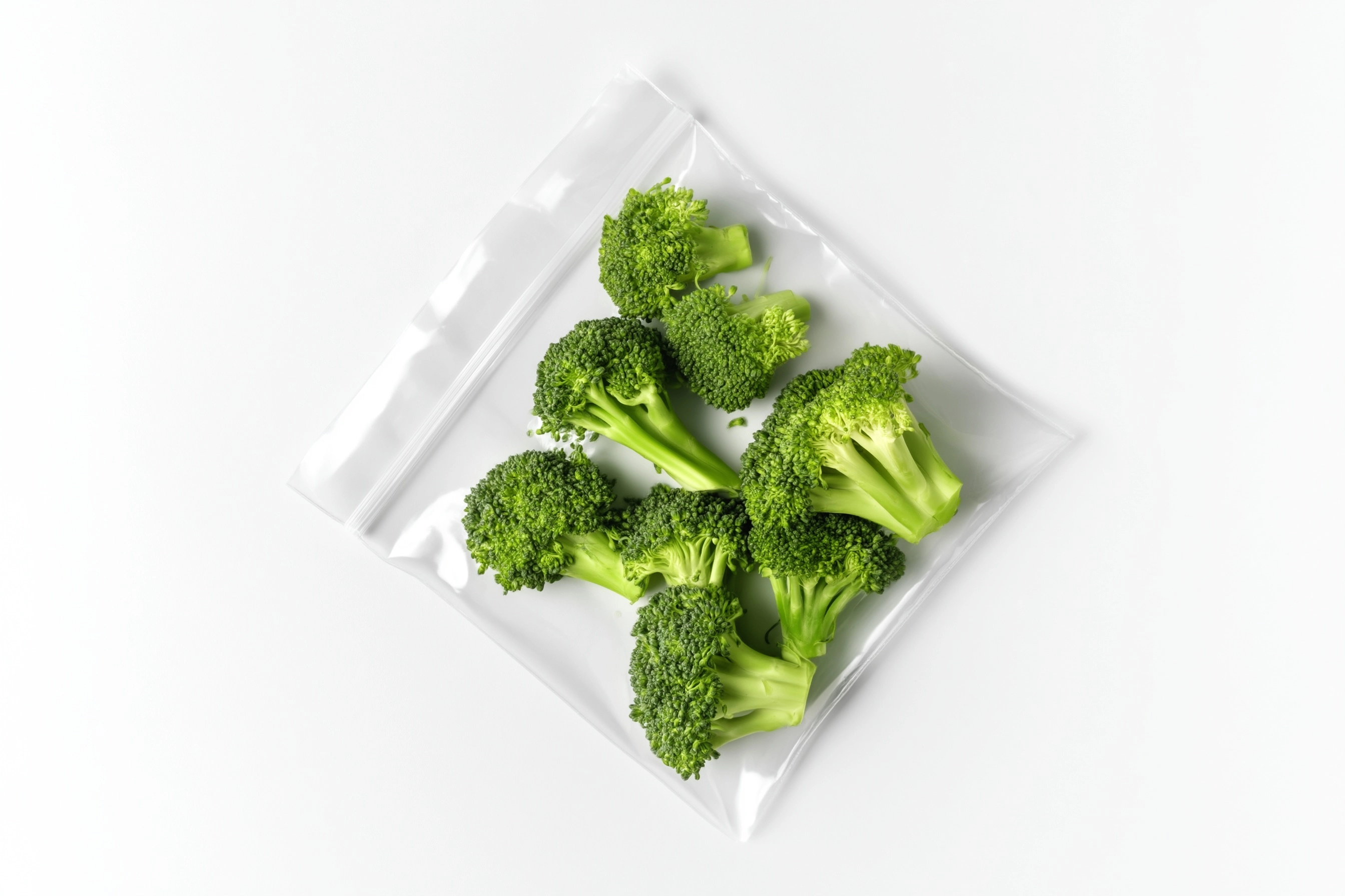 Overhead photo of bright green broccoli florets inside a clear shiny ziplock bag