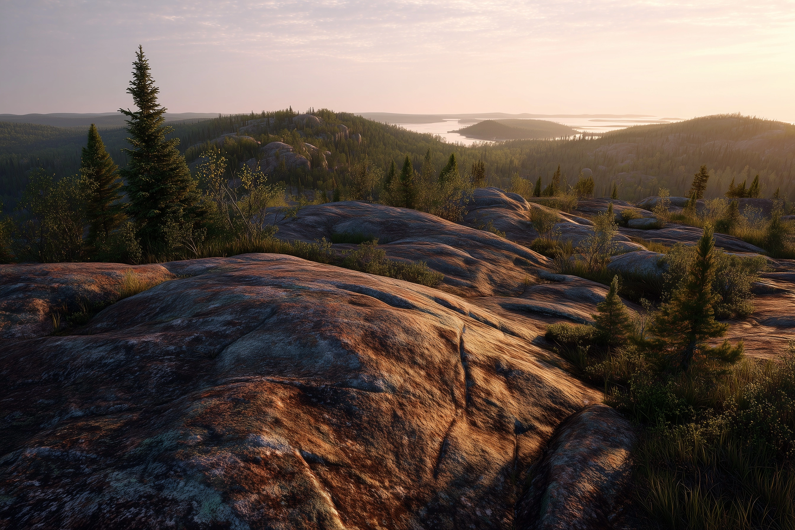 Panoramic view of canadian shield rock formations at sunset