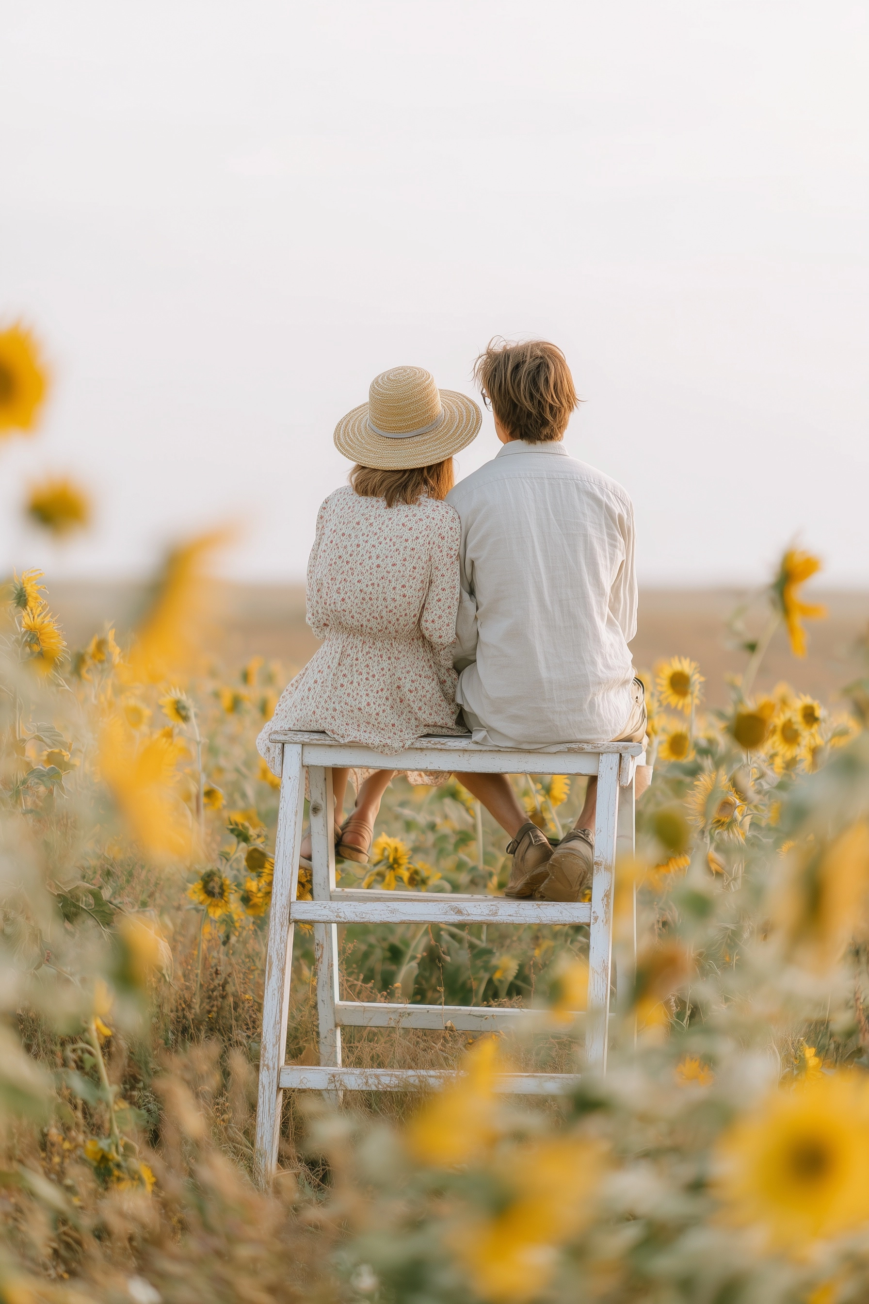 Photo of a boy and girl sitting on a white wooden ladder stand in a field with sunflowers
