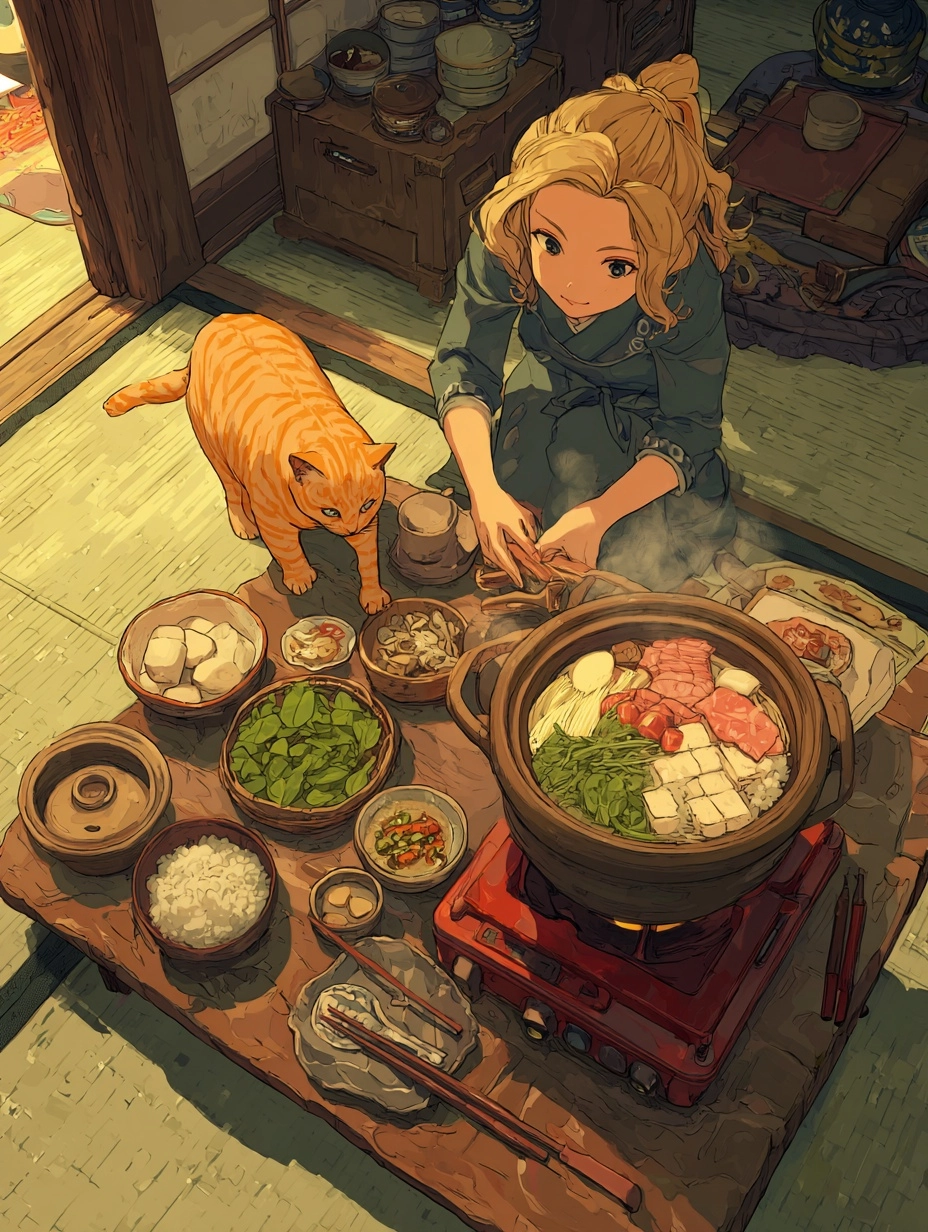 Pretty anime girl kneeling at a low Japanese dining table preparing a traditional nabe hot pot