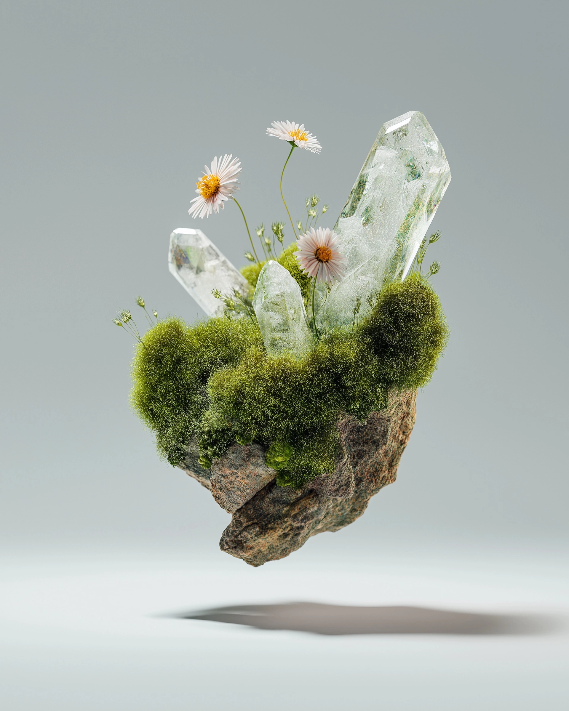Realistic abstract organic sculpture levitating mid-air soft green moss