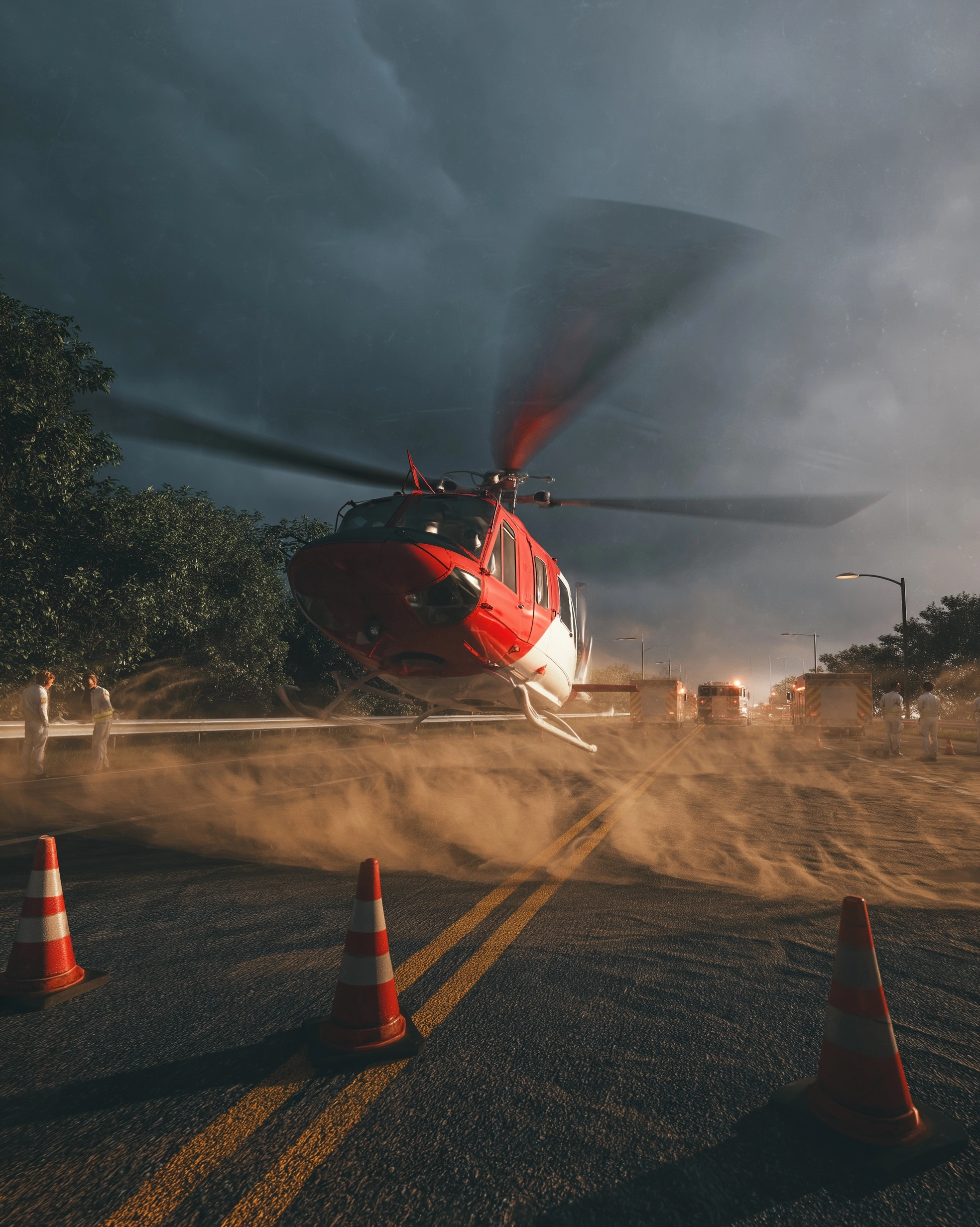 Red and white emergency rescue helicopter landing on a closed highway
