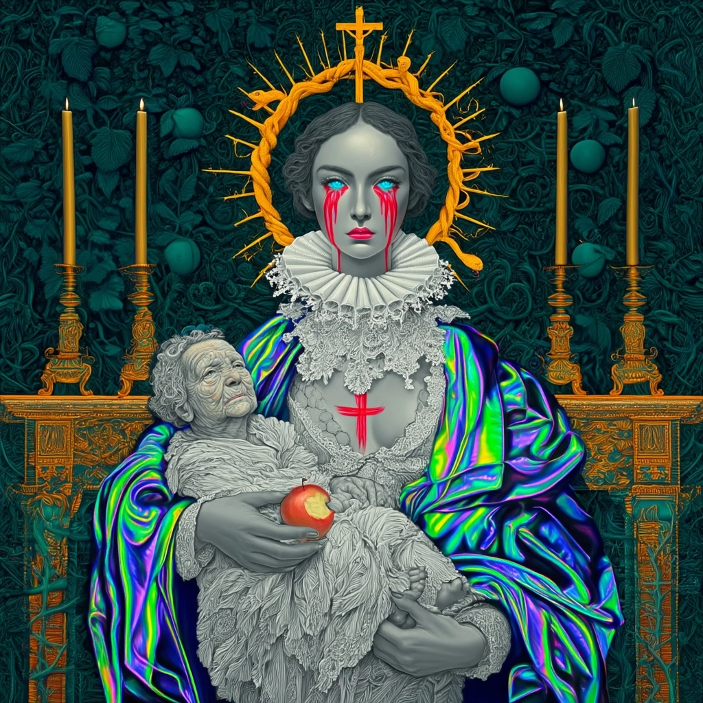 Surreal baroque religious portrait of a woman in a neon cloak holding a baby that has a 90 year olds