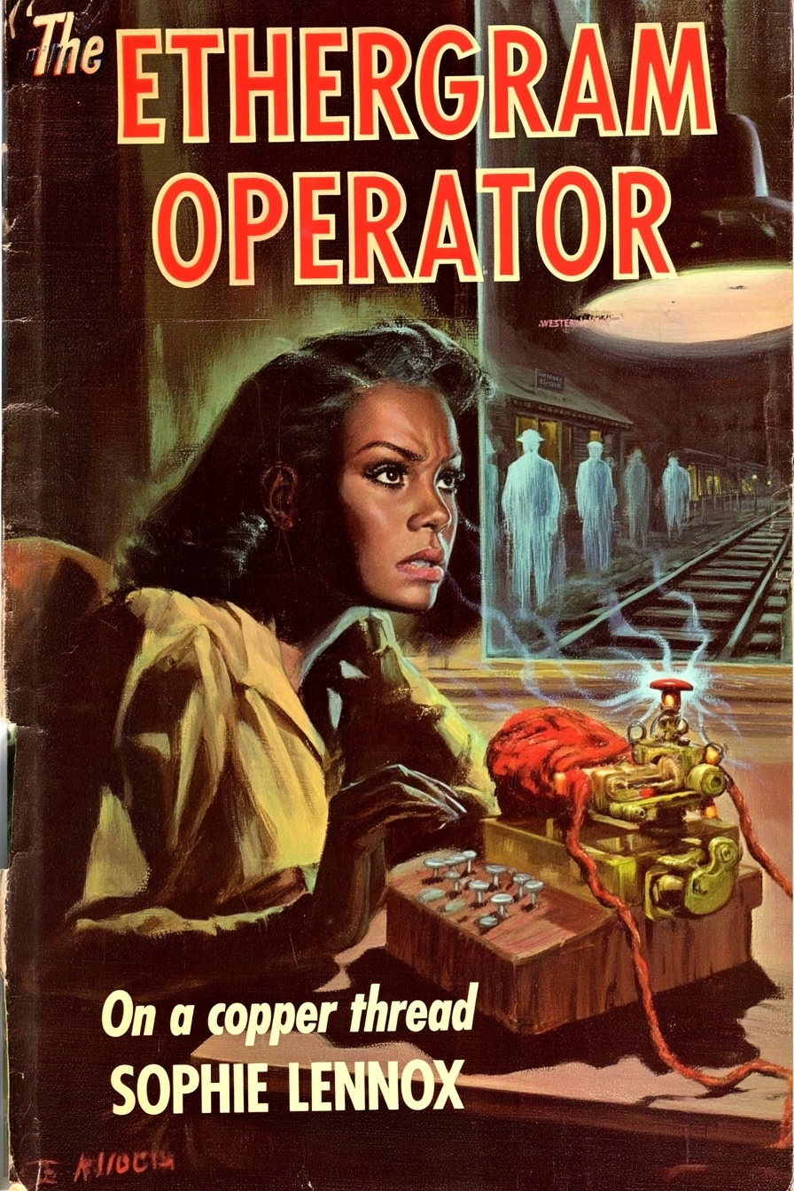 A hand-painted 1940’s vintage sci-fi pulp novel or magazine cover depicting an African American youn