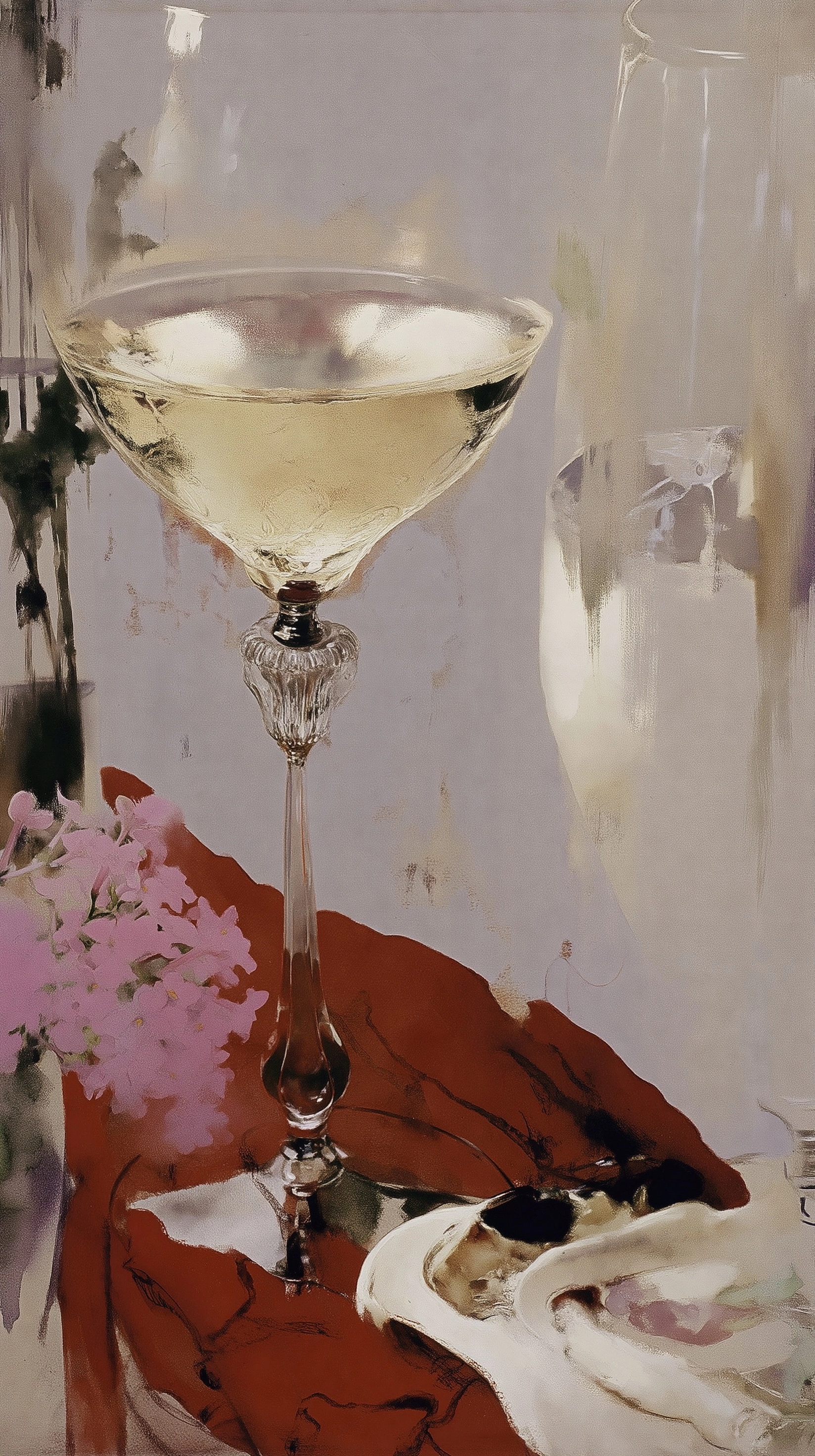 This is a set of still life paintings composed of glass wine glasses and water glasses