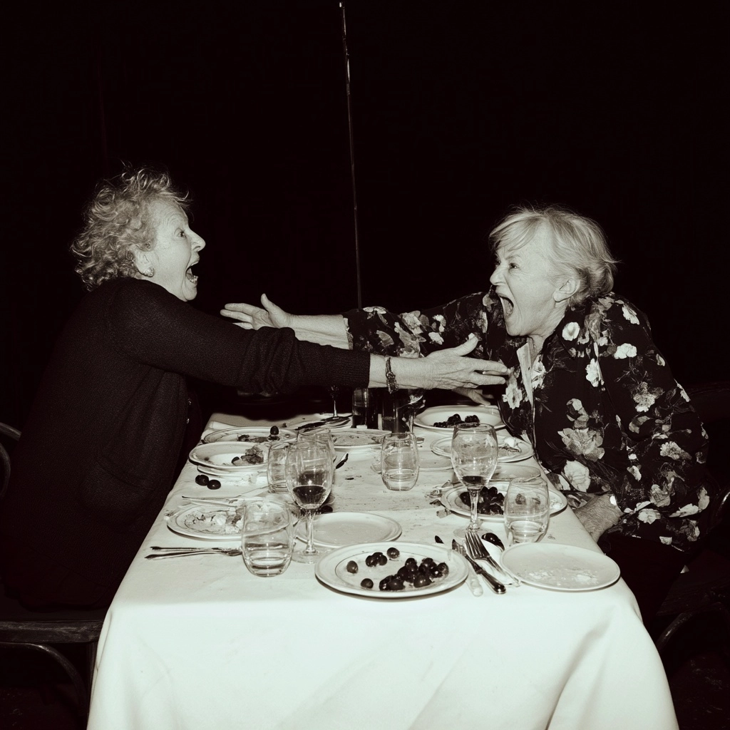 Two elderly women in their 80s screaming and lunging at each other across a formal fine-dining table
