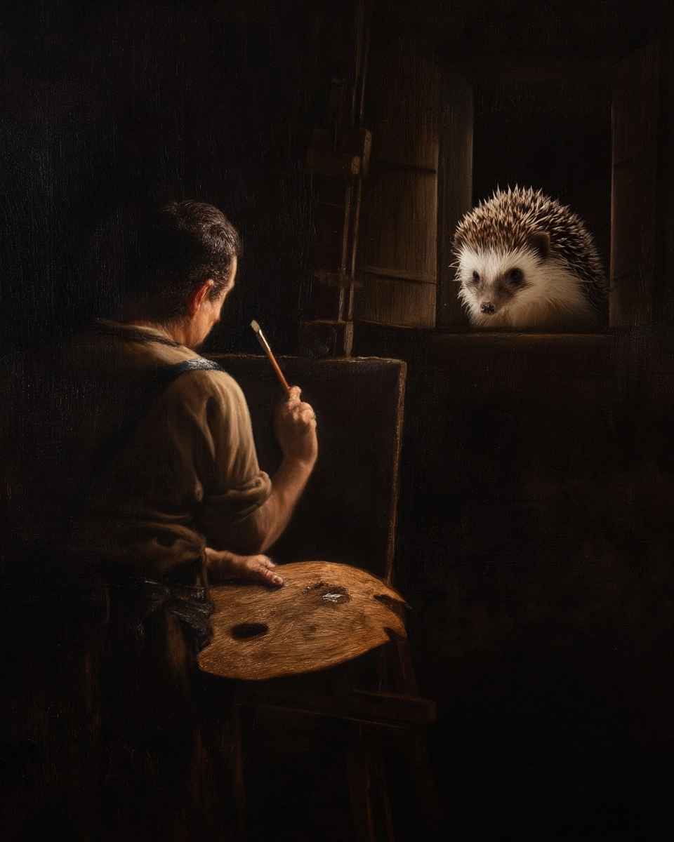 Upper body back view of an oil painter in close-up on the left foreground, back to the viewer