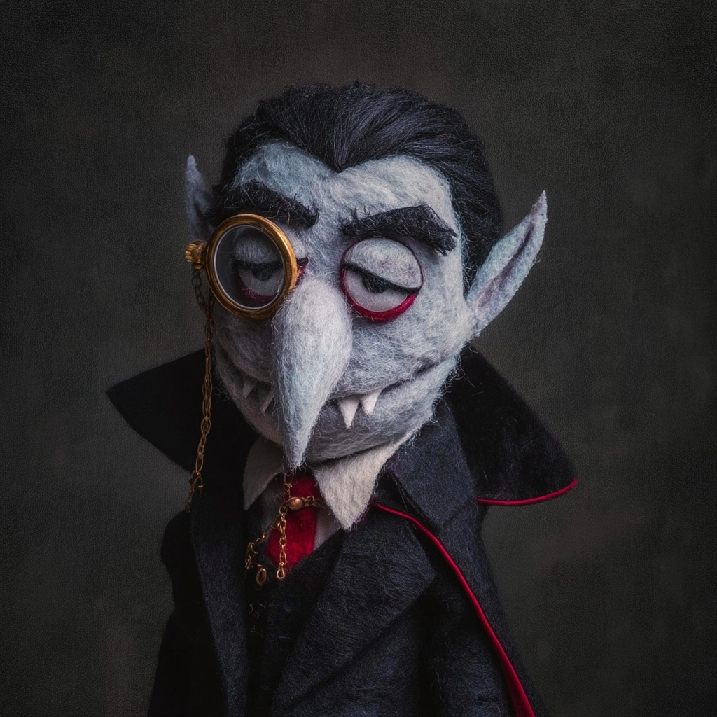 Vampire pale dark hair muppet puppet black robe monocle magic fantasy muppet illustration dnd felt