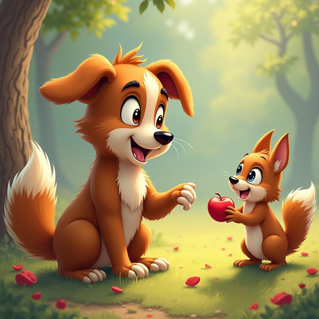 Lifelike Dog Presenting an Apple to Squirrel