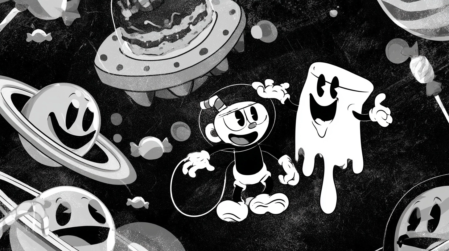 Vintage 1930s rubber-hose black and white cartoon. A retro astronaut boy and a happy melting marshma