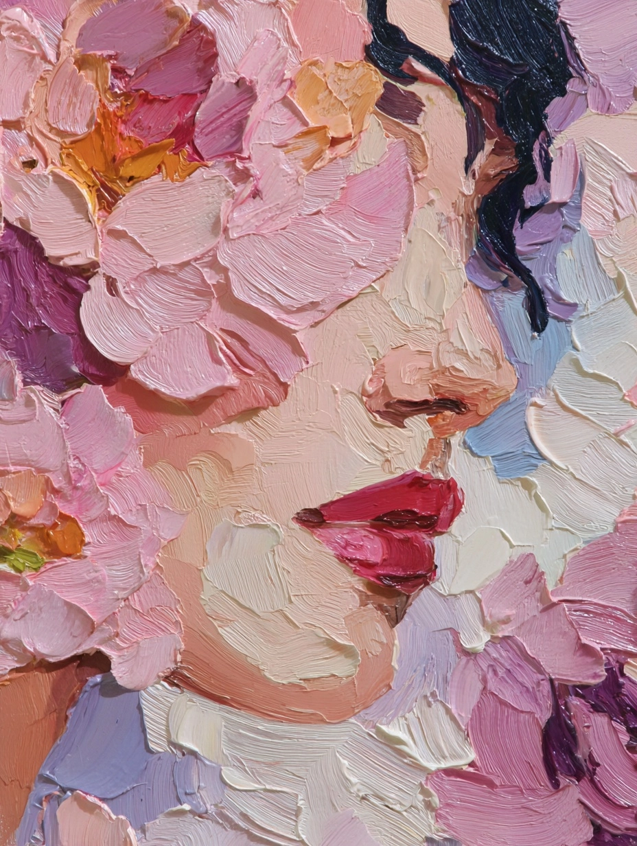 Minimalist, extremely textured, abstract impasto style oil painting. woman's face emerging from abst