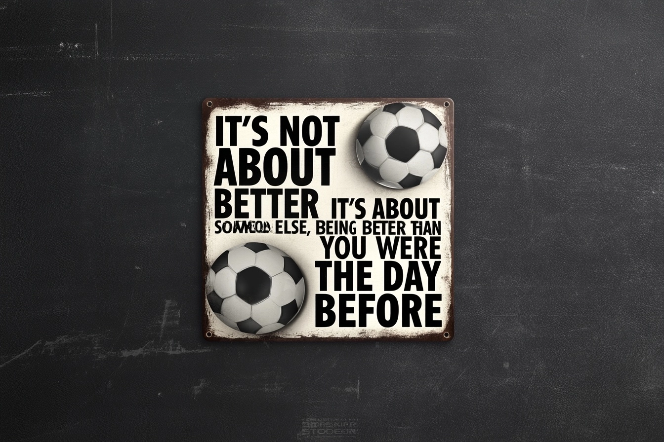 Vintage american metal sign design with soccer balls and the quote "IT'S NOT ABOUT BEING BETTER THAN