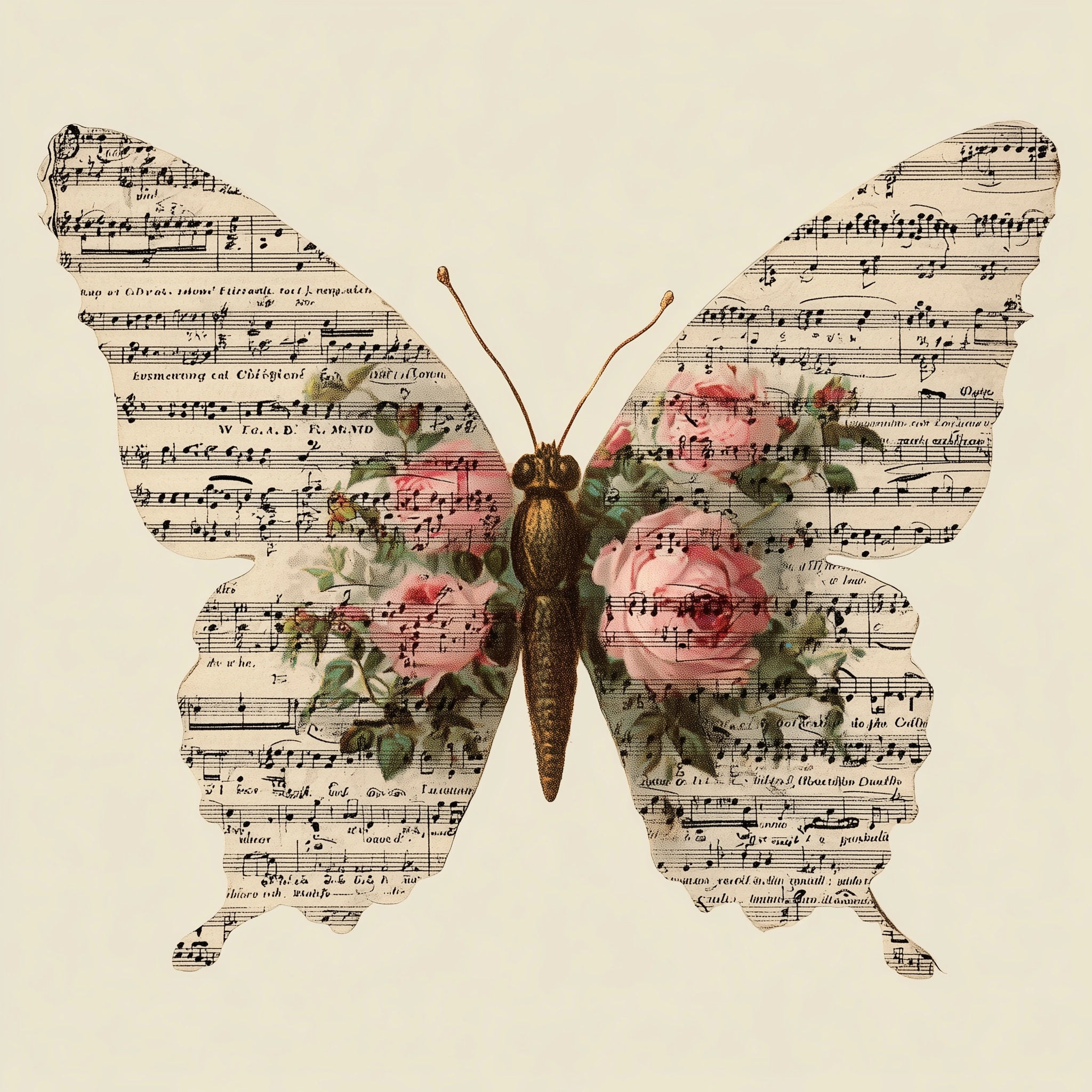 Vintage sheet music in the shape of a butterfly with small pink rose detailing. Clipart.