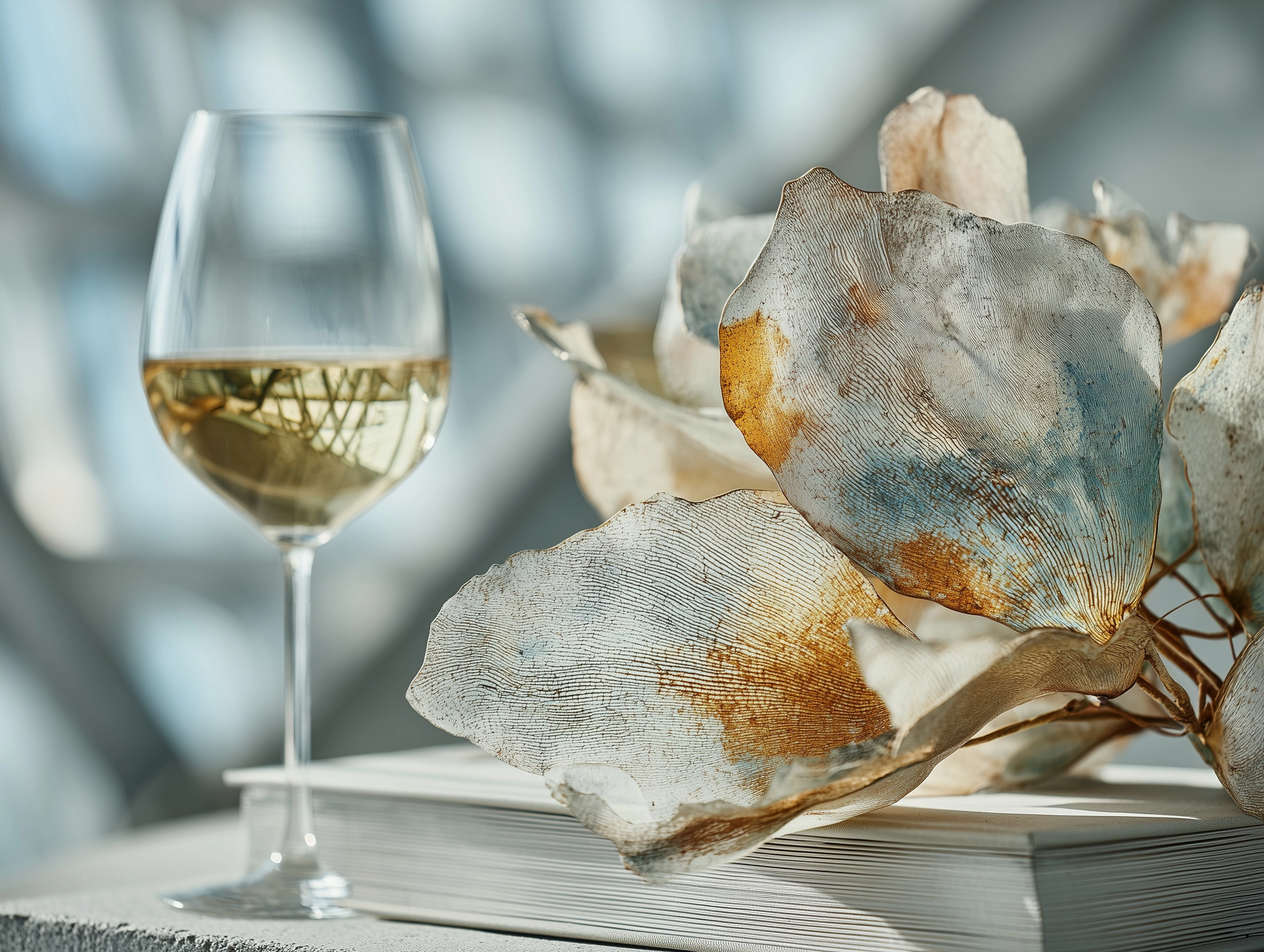 High-end photoshoot, still life, a minimalist art book and a glass of white wine resting on a sleek