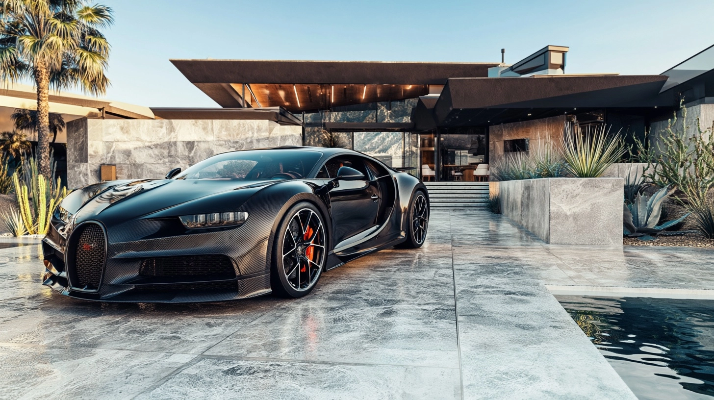 High-end architectural visualization: black carbon Bugatti Chiron parked in front of a multi-million