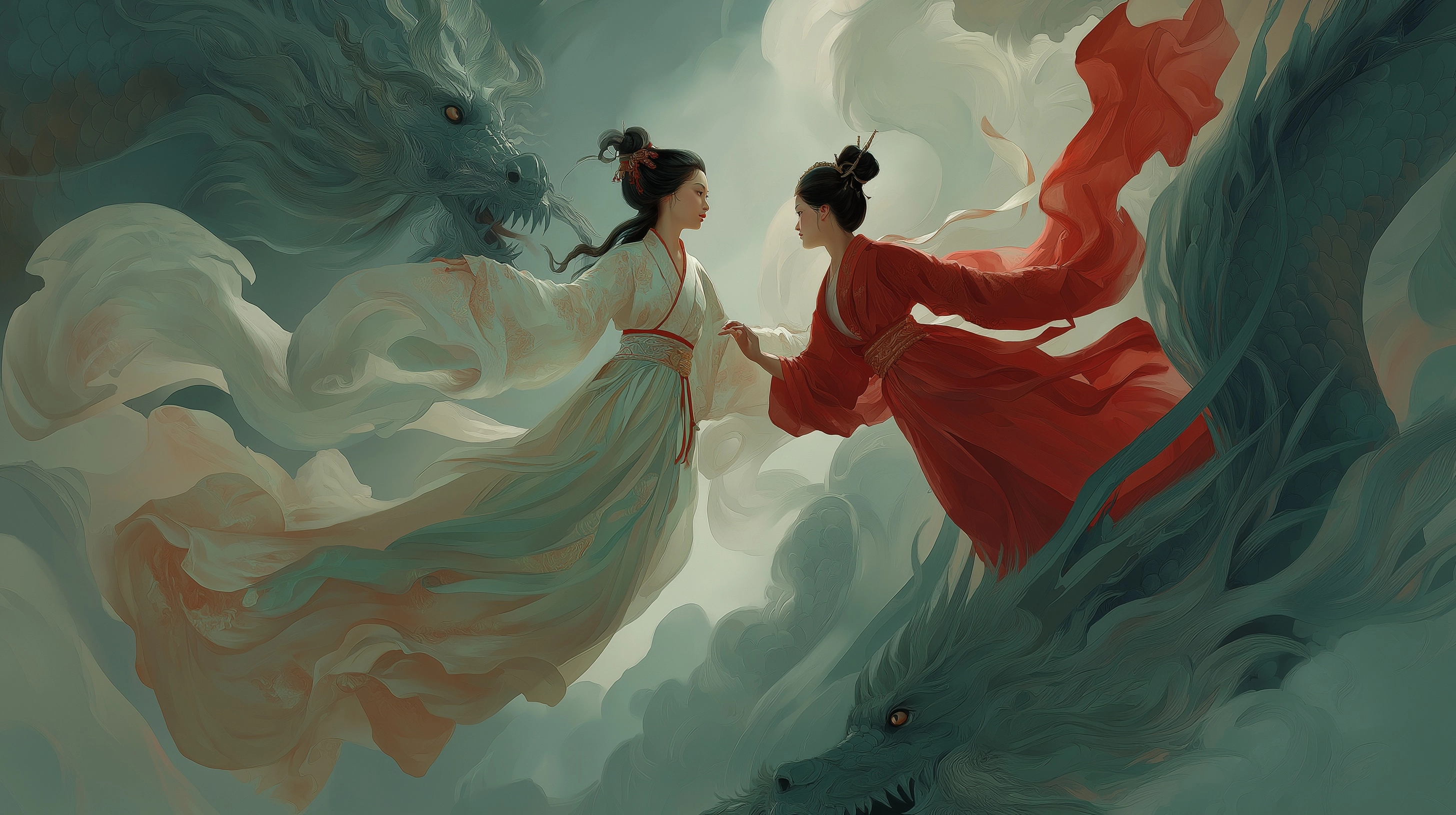 Surreal Chinese mythological scene, two elegant woman in flowing hanfu, floating in mid air