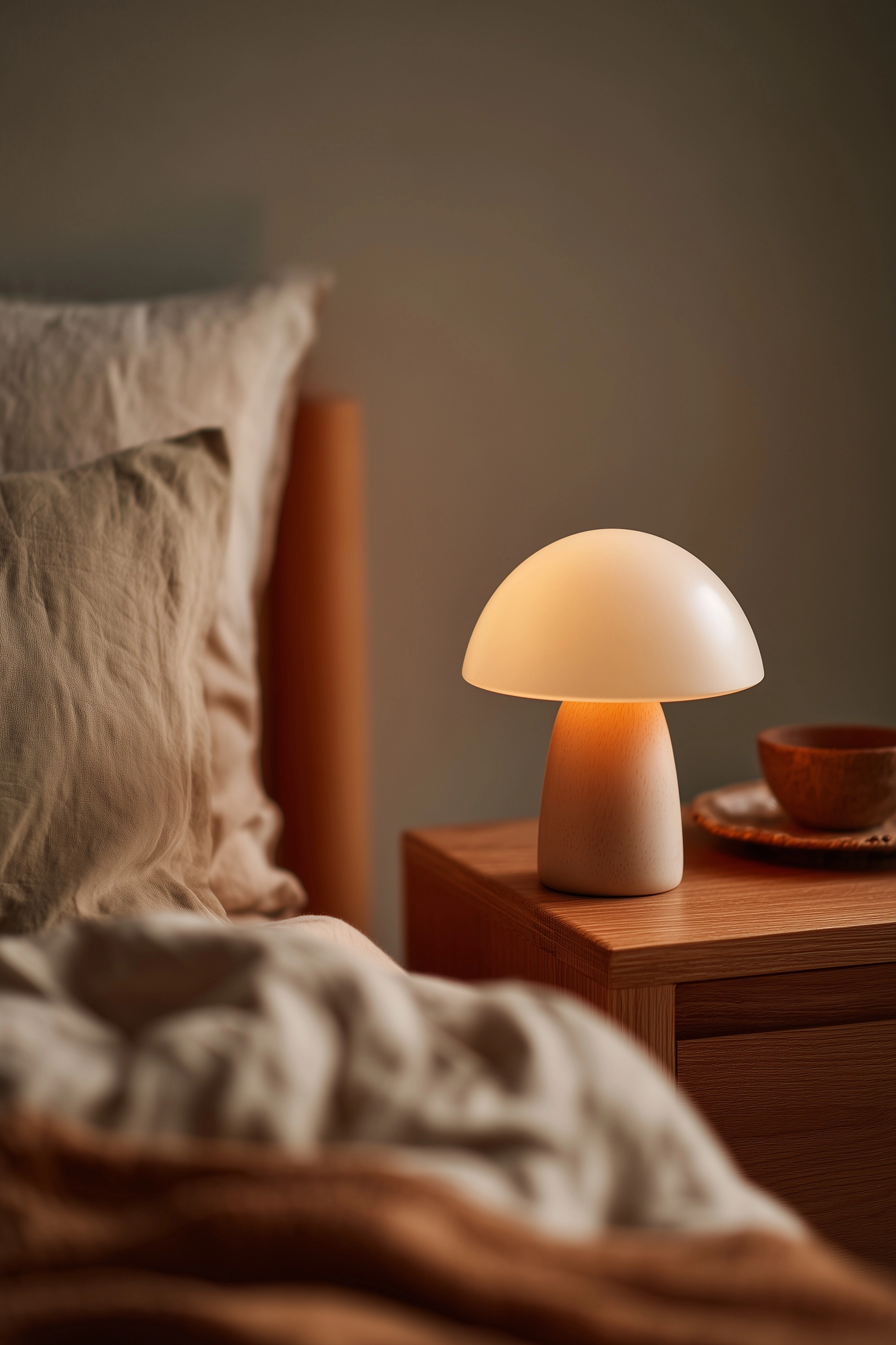 Lampe champignon design sur table de chevet, chambre cosy, linge de lit beige