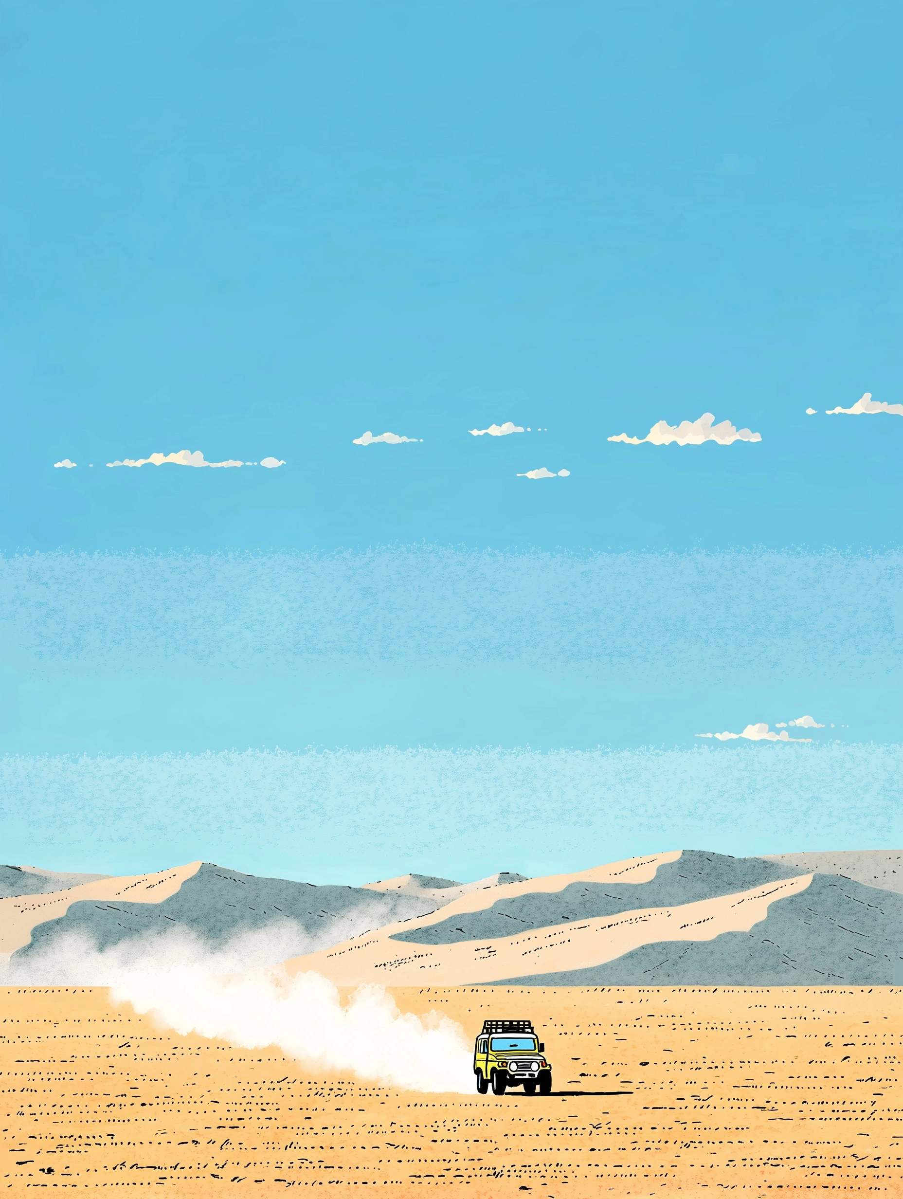 A jeep speeding through a vast desert, sand dunes stretching endlessly