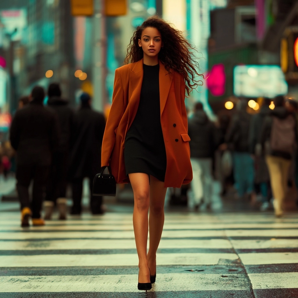 A stunning fashionable african american woman walking confidently through a busy city street crossin