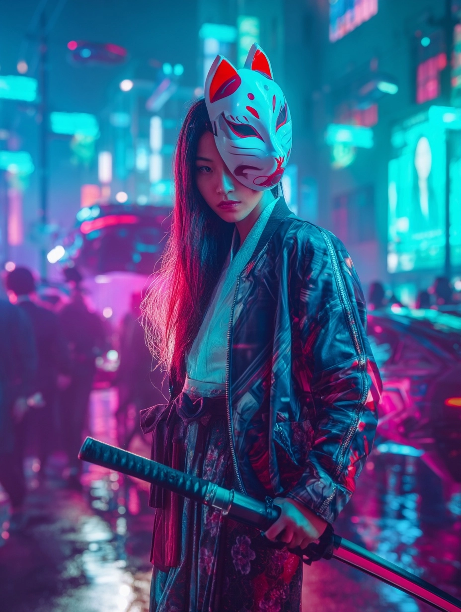 A young beautiful woman, standing in a crowded neon-lit cyber city