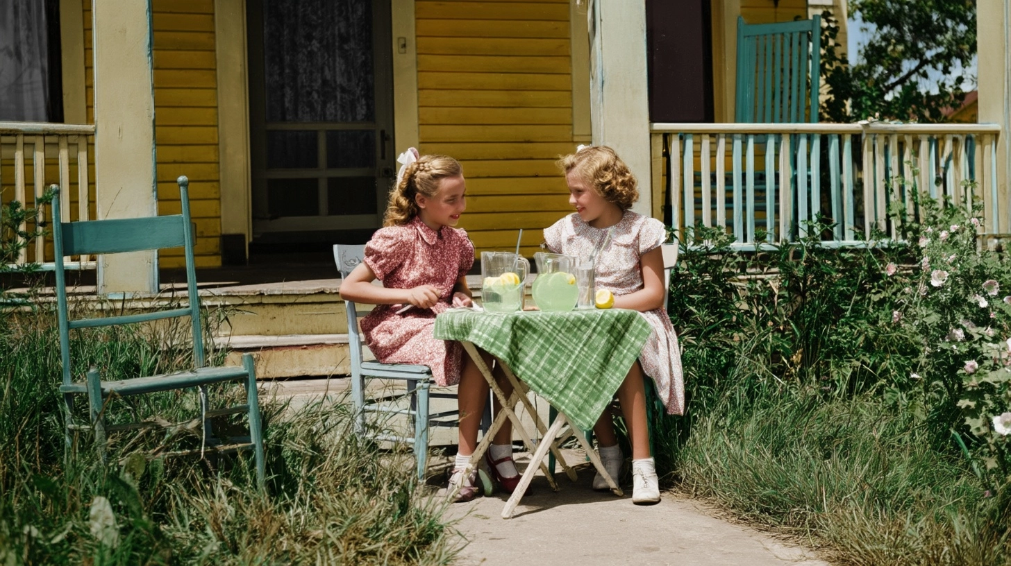 Girls selling lemonade at a stand in front of their porch, 40s style, colorized