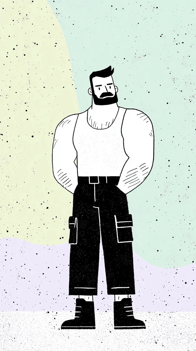 Illustration, [a muscular Middle Eastern man with short black hair and a trimmed beard