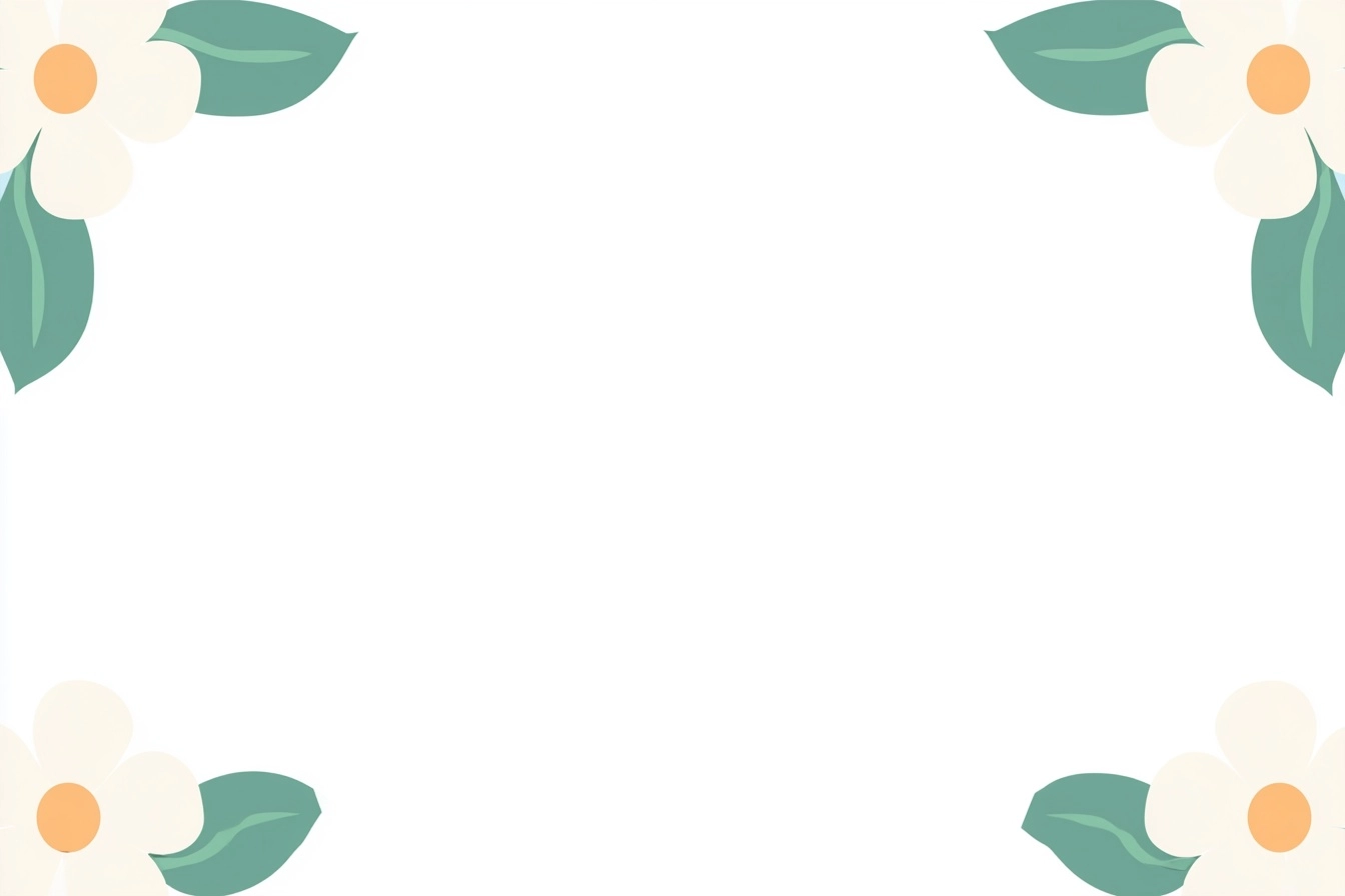 White background with green leaves and white flowers on the edges, flat illustration style, cute