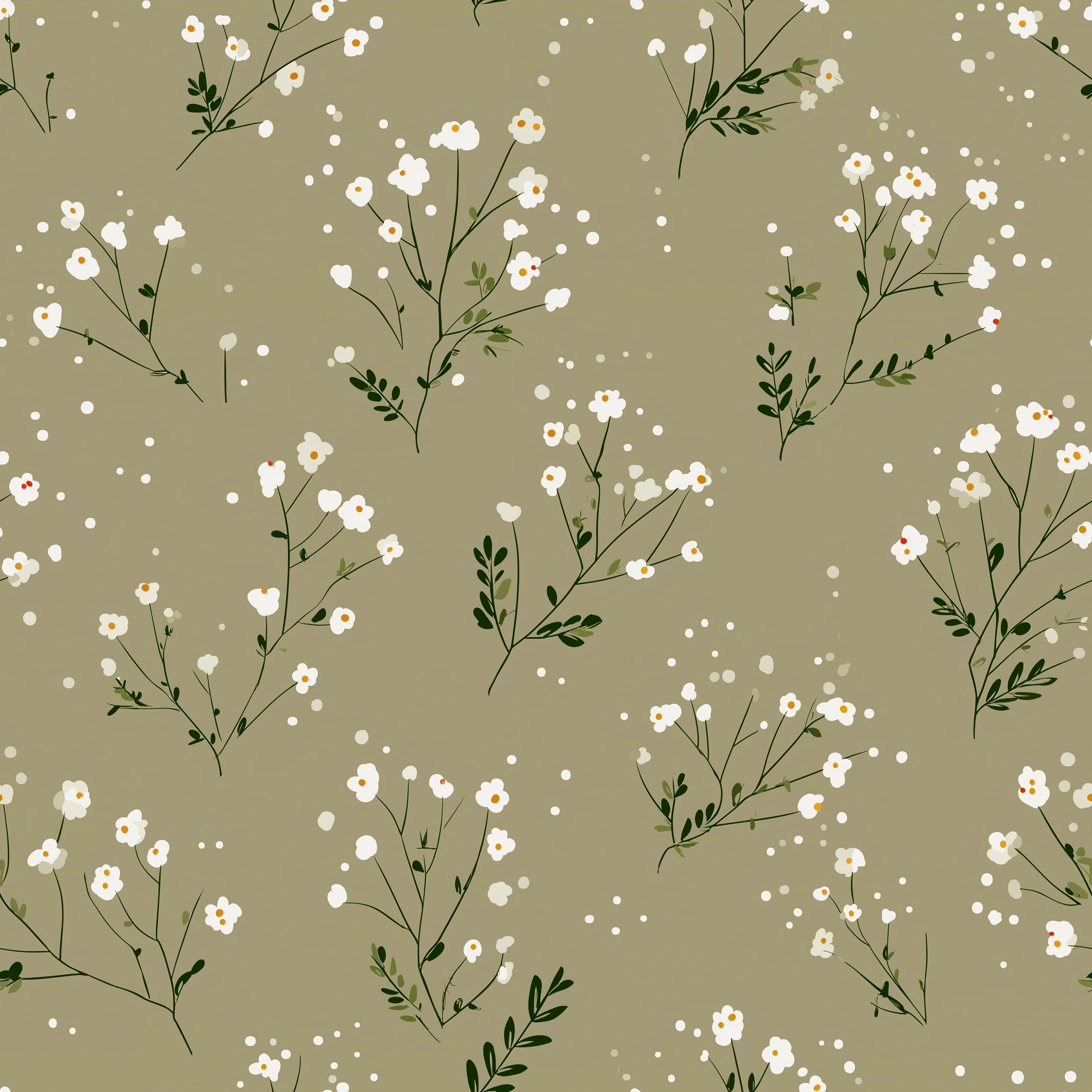 Seamless floral pattern, very sparse composition, few elements, tiny flowers spaced far apart