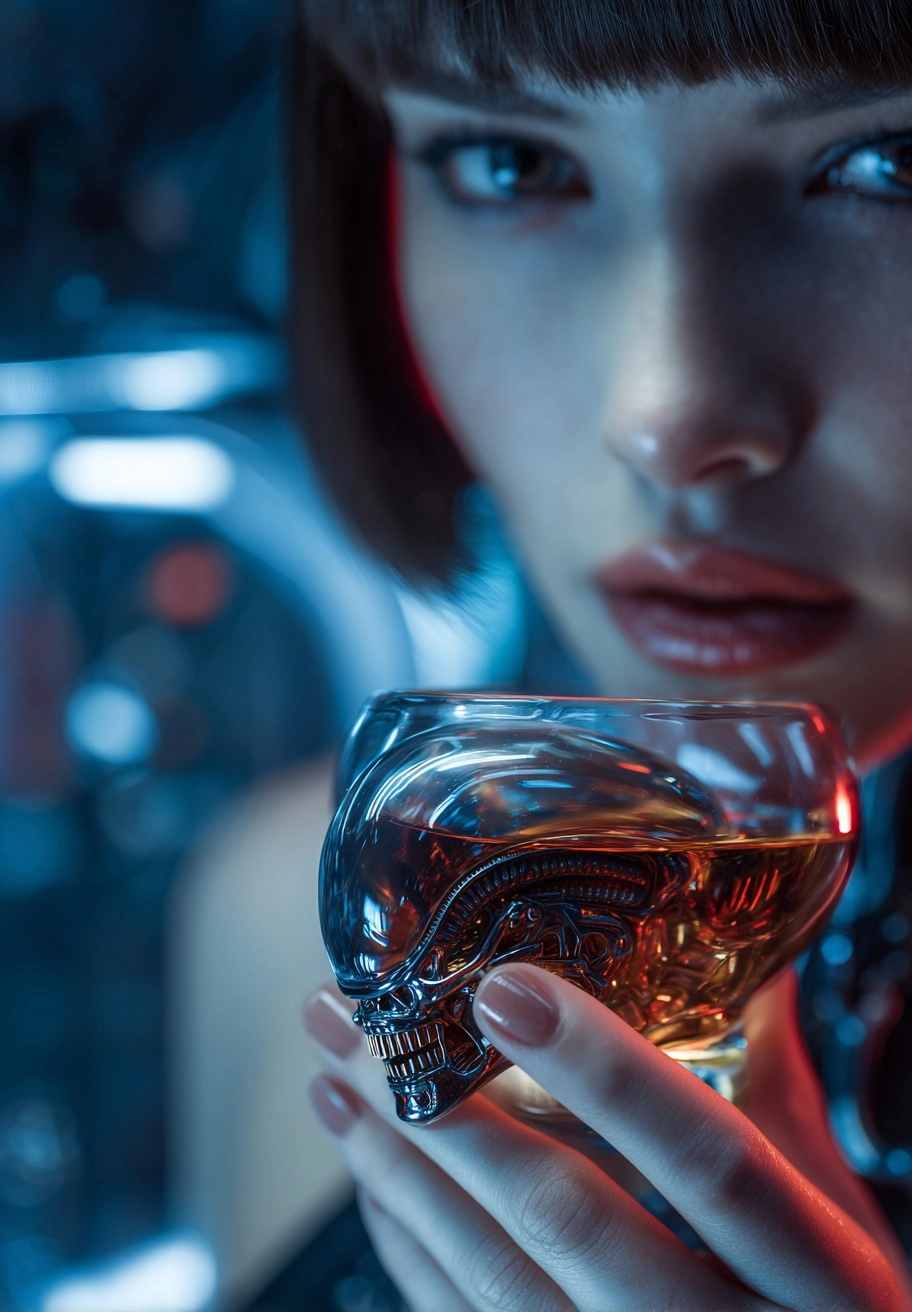 Close up photography of a glass of whisky in the hand of a gorgeous female android