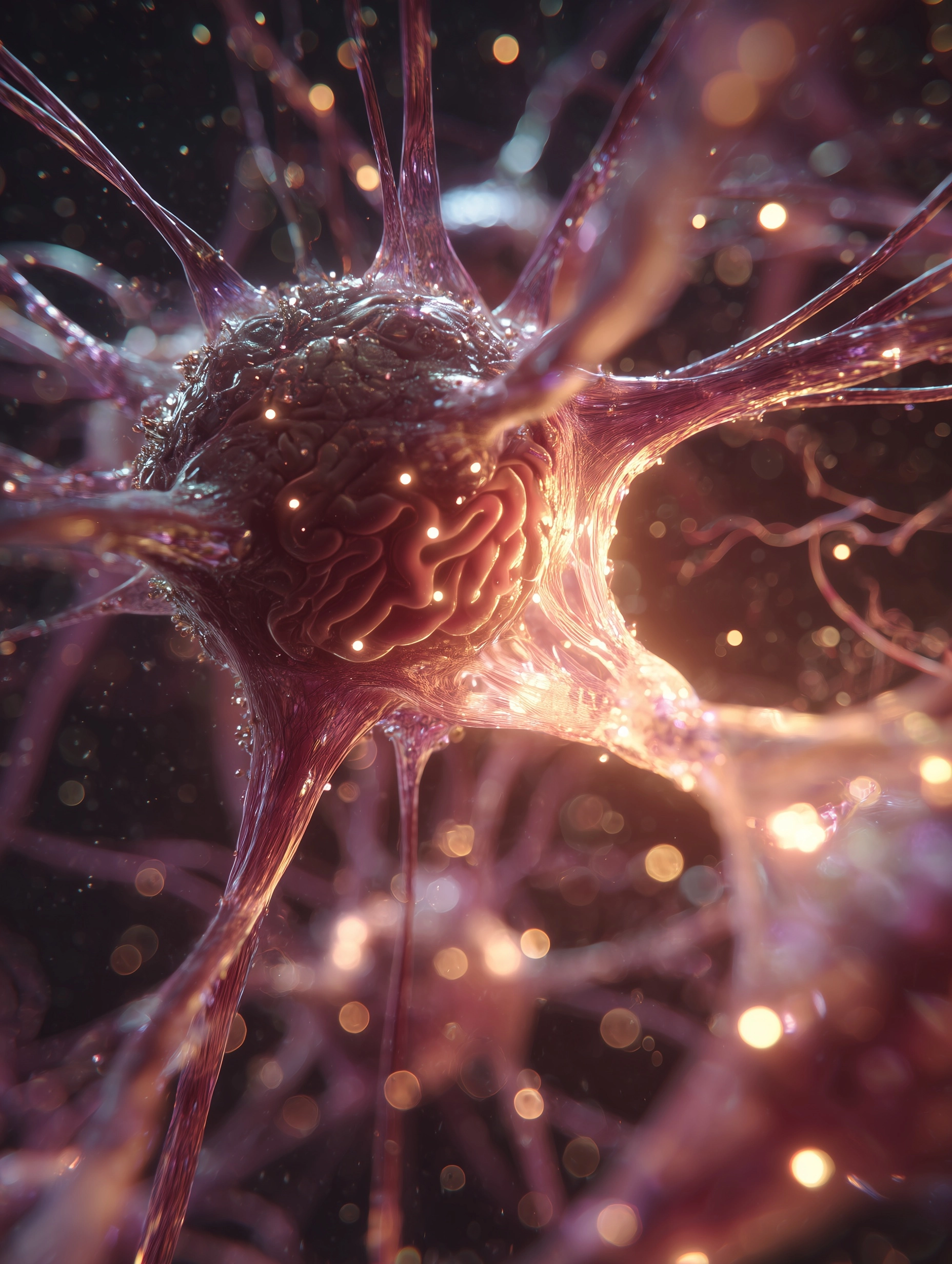 A cinematic cross-section scene starting from a detailed human brain and zooming into neurons and ne
