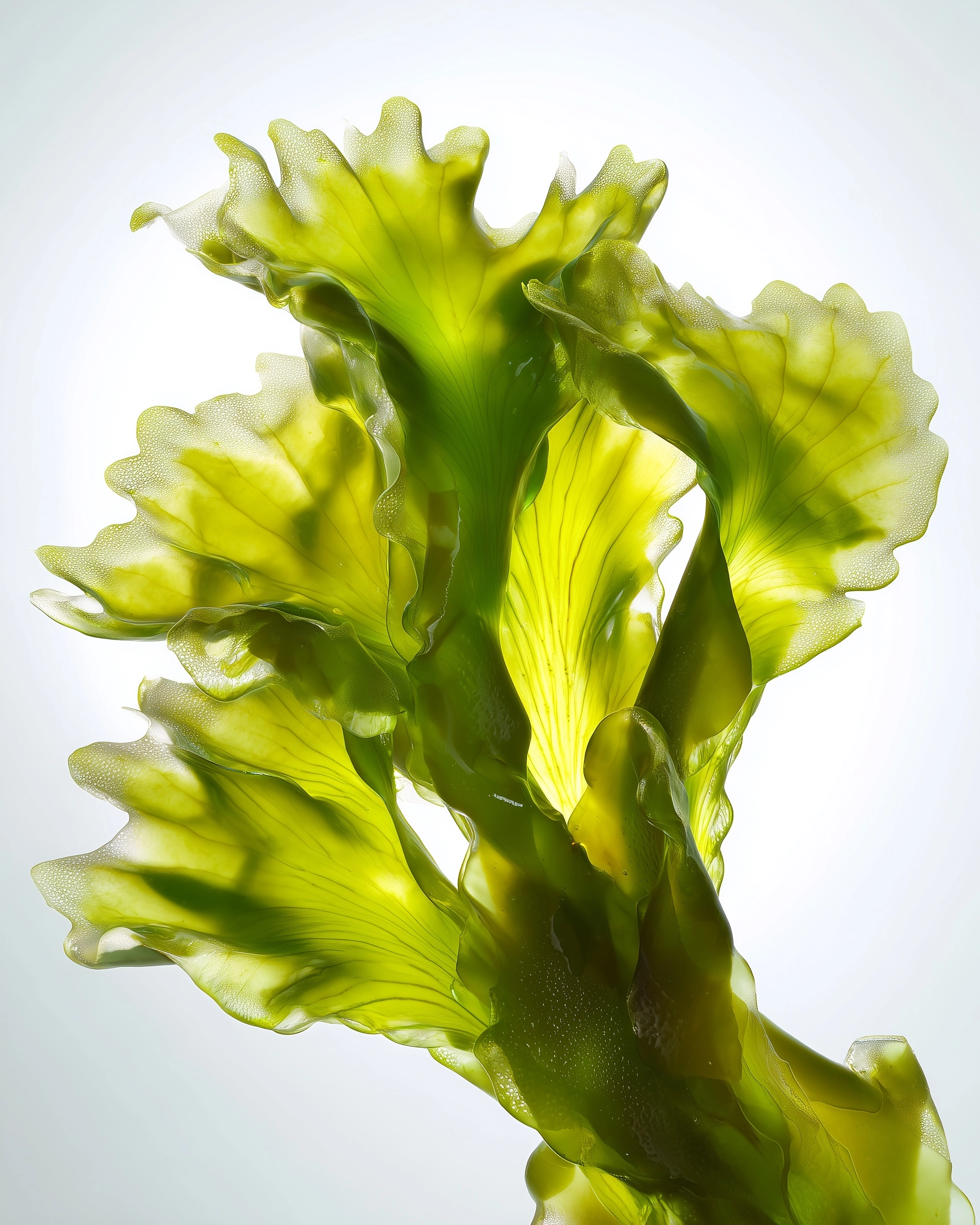 Ultra-high-end macro studio photograph a Wakame algae. Extreme close-up macro (1:1 magnification) ca