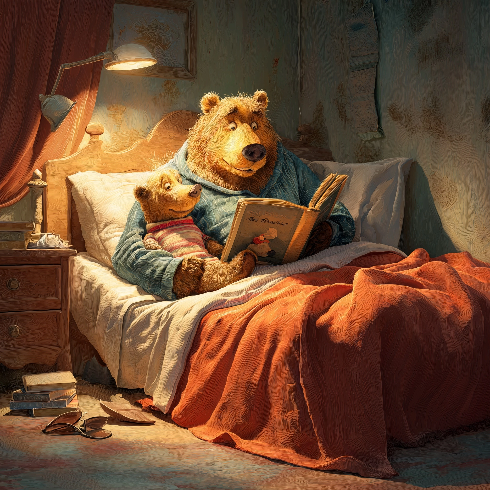 Vintage illustration of mama bear in bed with baby bear and reading a bedtime story