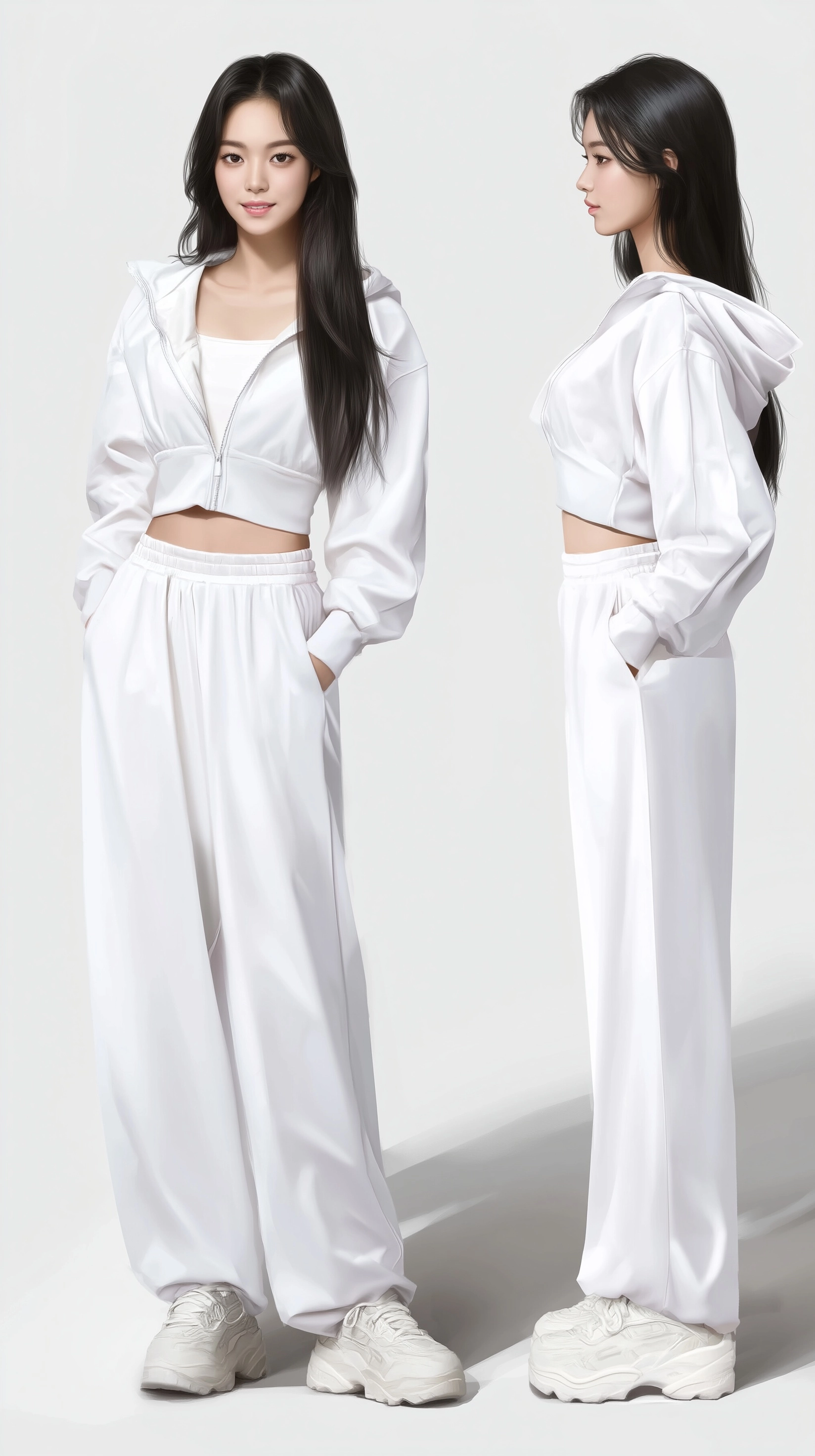 20-year-old beautiful Korean female college student with idol visuals, full body character sheet