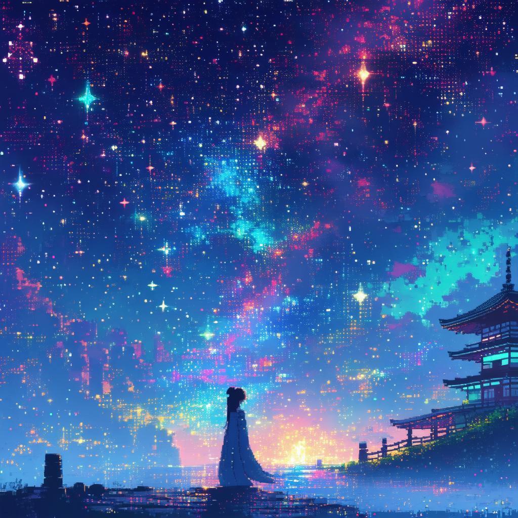 Serene Japanese Beauty Under Pixel Stars