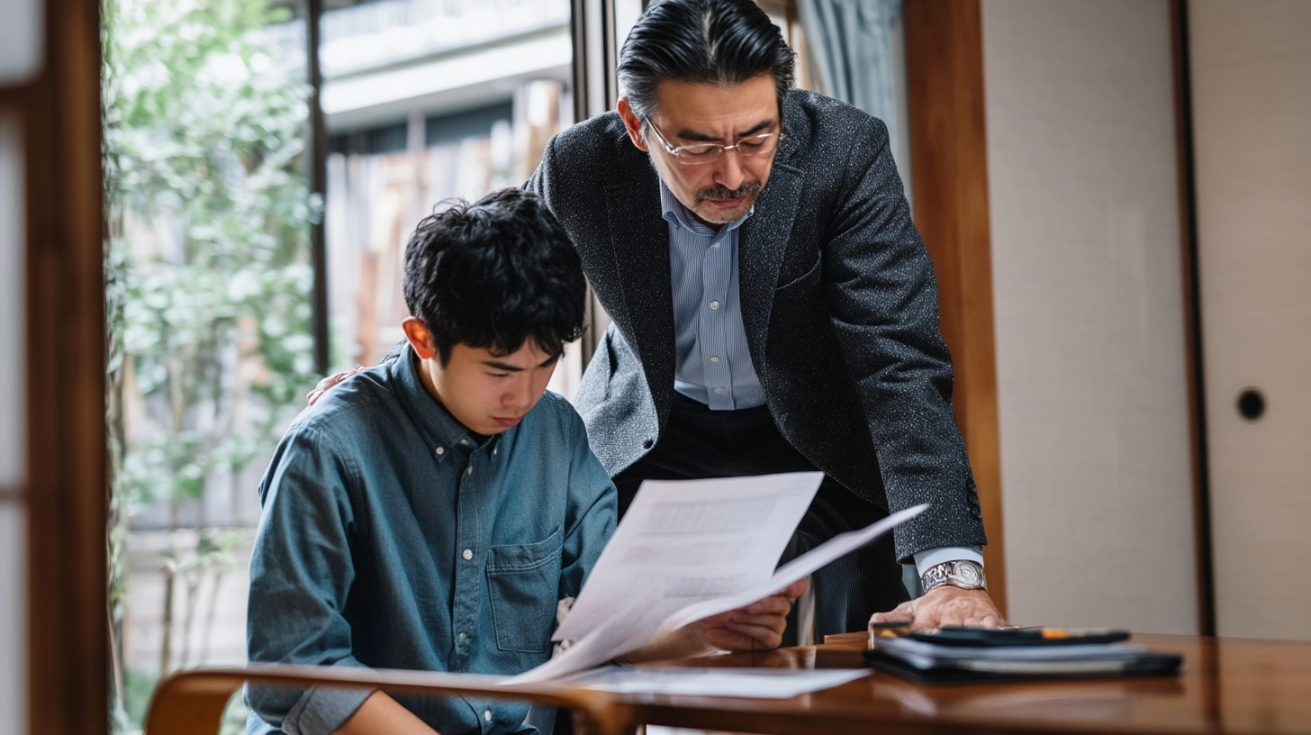 A 45-year-old Japanese man standing over his younger brother with a strict expression