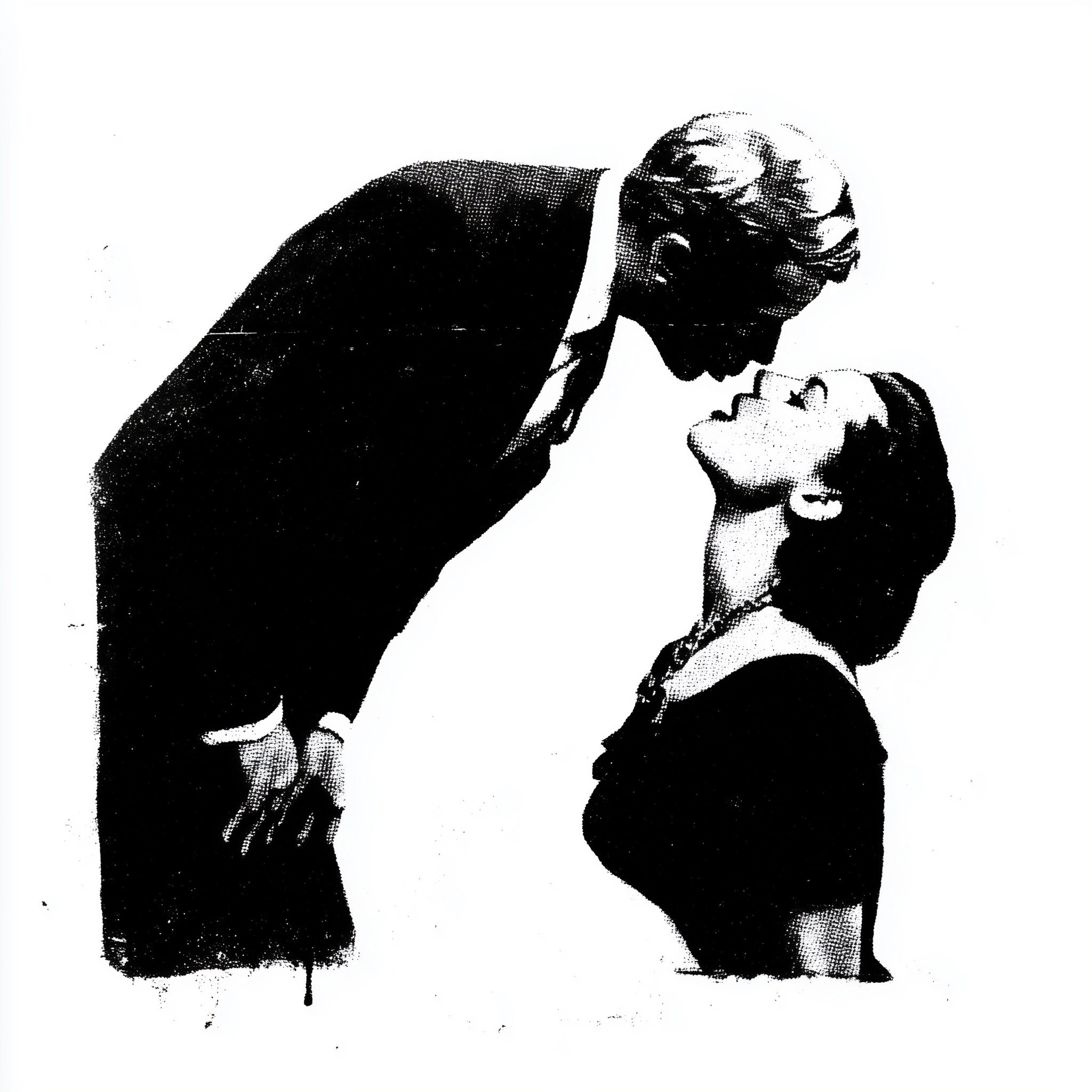 A black and white stencil of a tiny 1940s business man dropping into a woman's mouth. eerie. white b