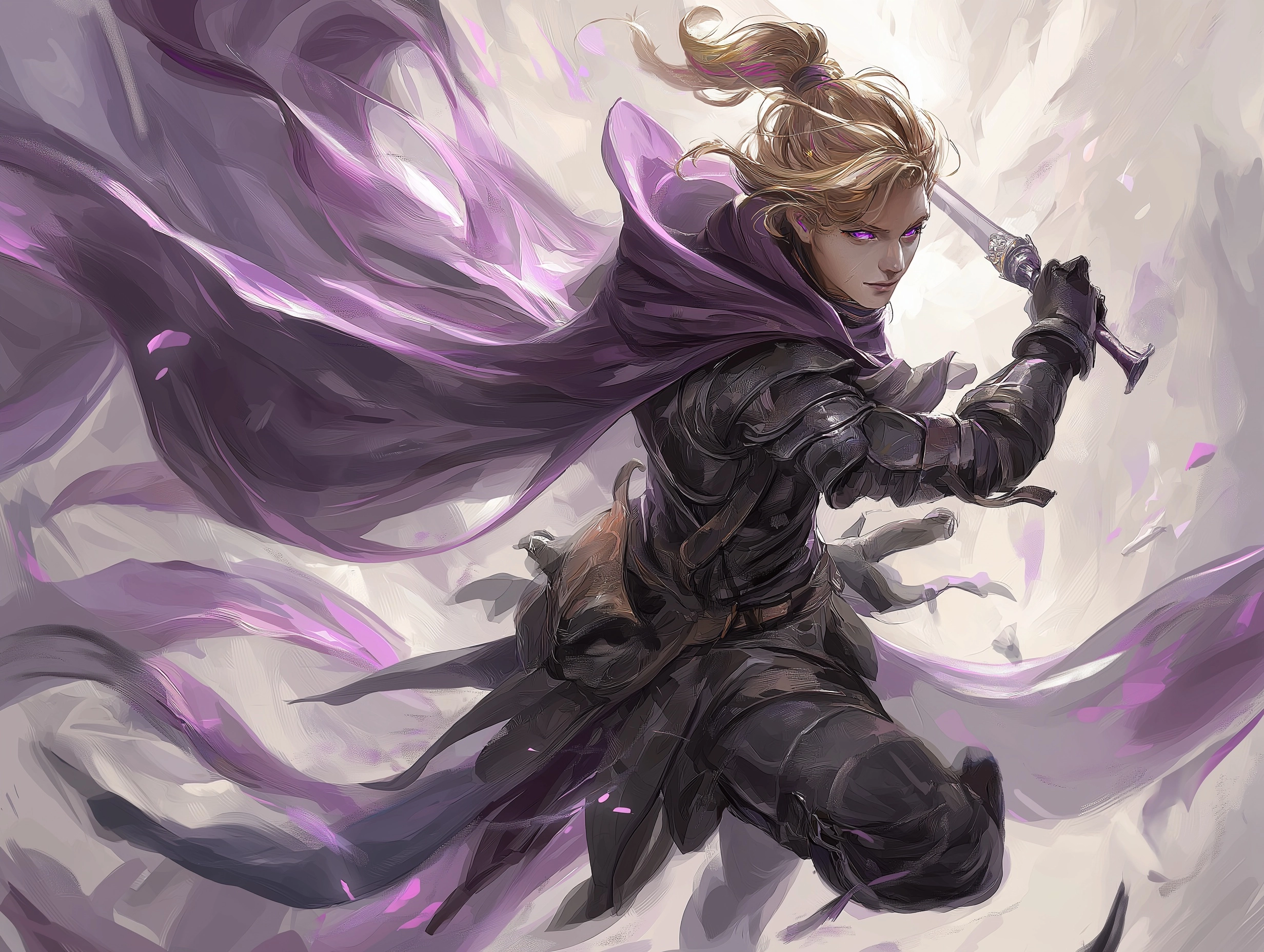 A blonde lithe handsome young male fantasy bard wearing black leather armor with a flowing purple sh